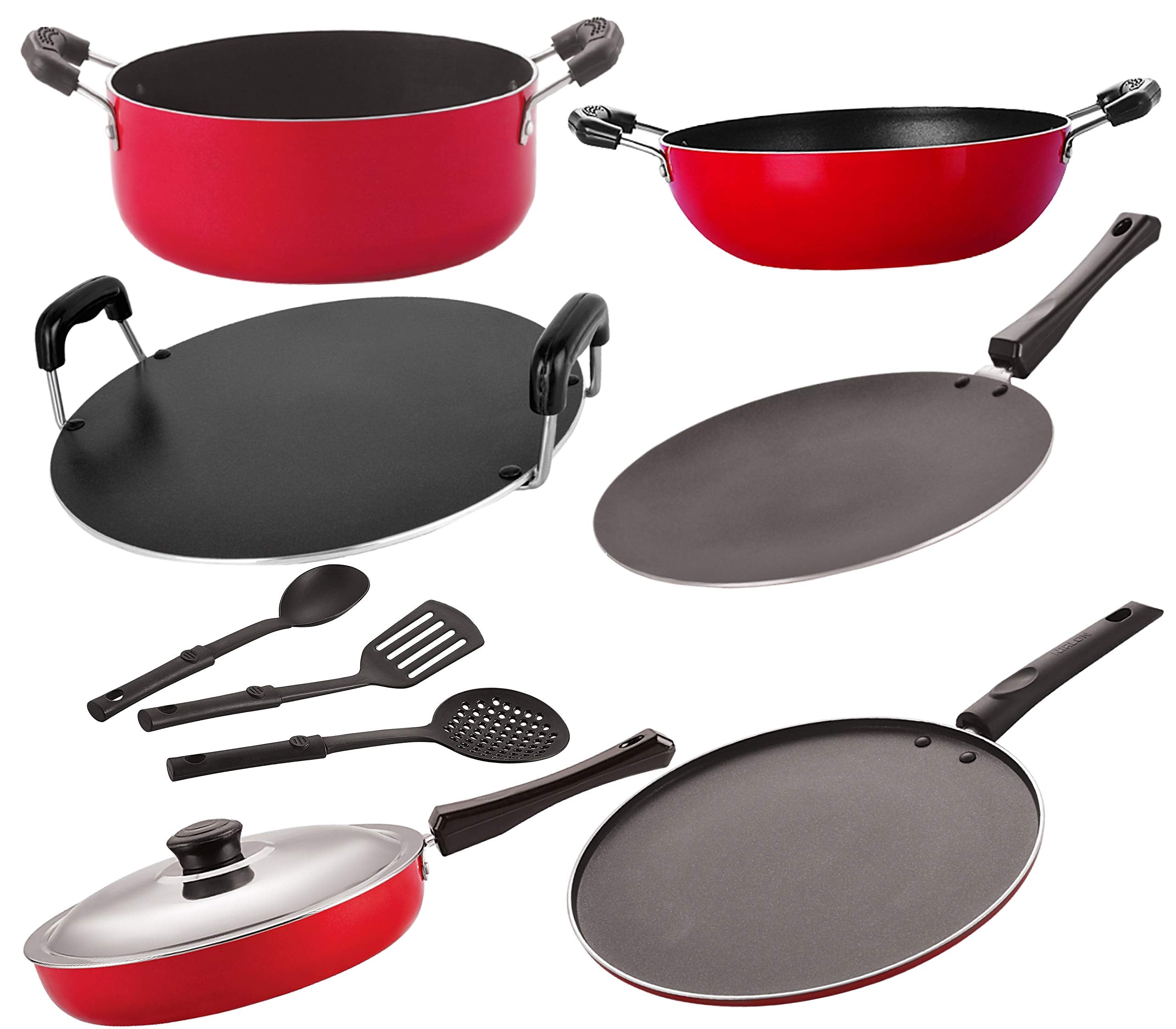 Nirlon NonStick Aluminium Cookware Set 9Piece, Gas Stove Compatible [26_Ct_Fp12_Kd13_Rt_Cass20_St11_3Spn]
