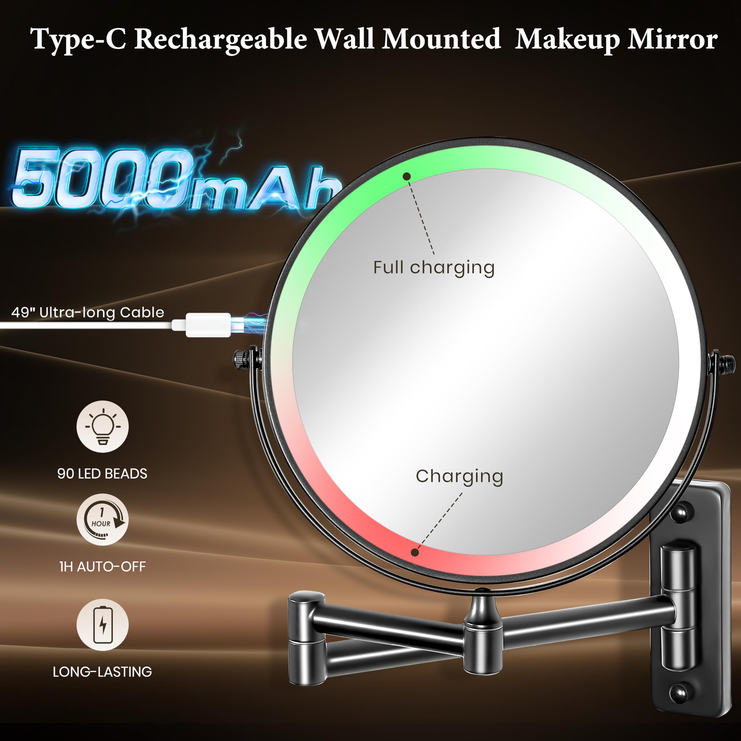 Large Wall Mounted Lighted Makeup Mirror Black Nickel, 1X/20X Magnifying Mirror With 3 Color Light, Led Lights Dimmable 5000Mah
