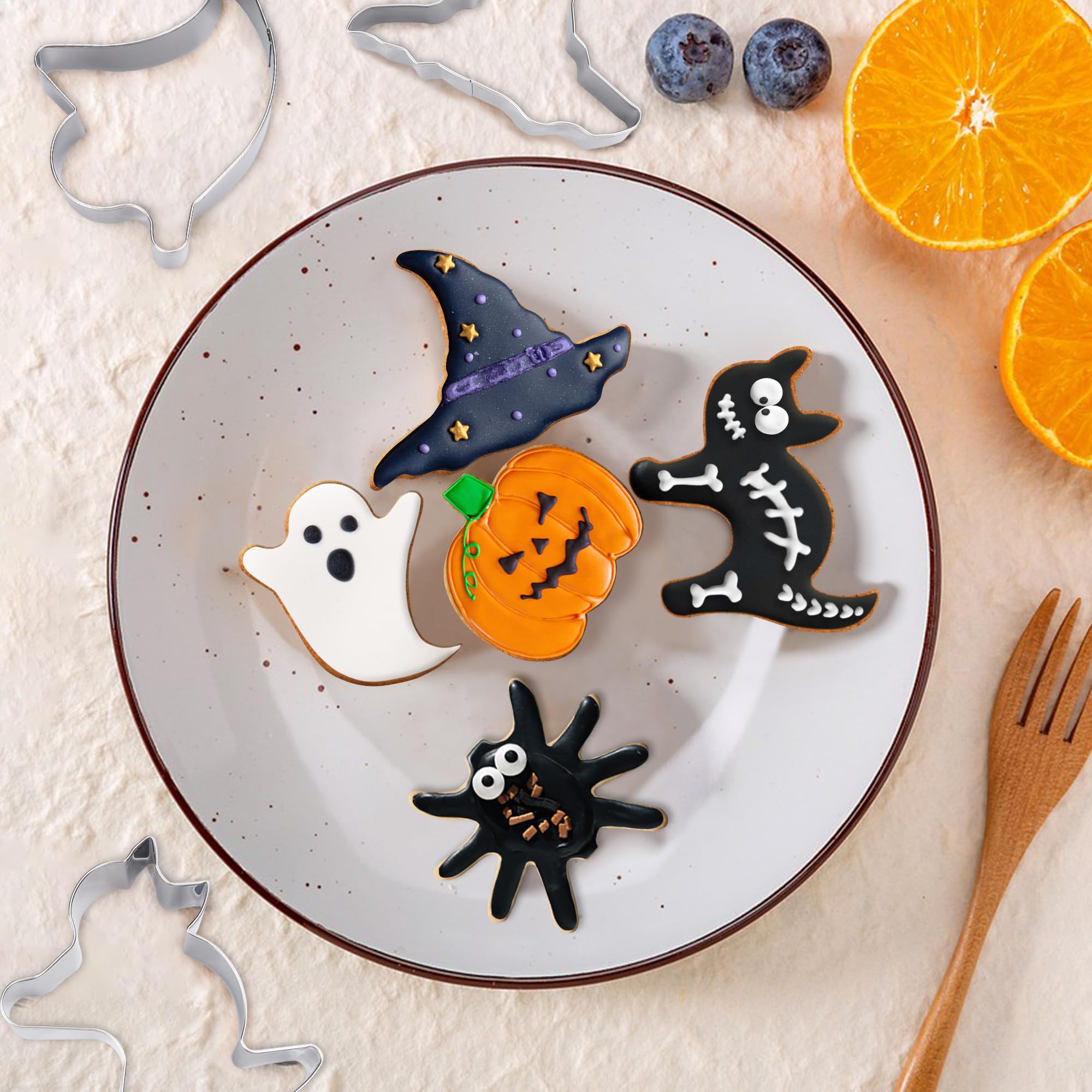 Fusoto Halloween Cookie Cutters, 6 Pcs Holiday Cookie Cutters Halloween Shapes - Spider, Pumpkin, Bat, Cat, Ghost, Witch Hat For