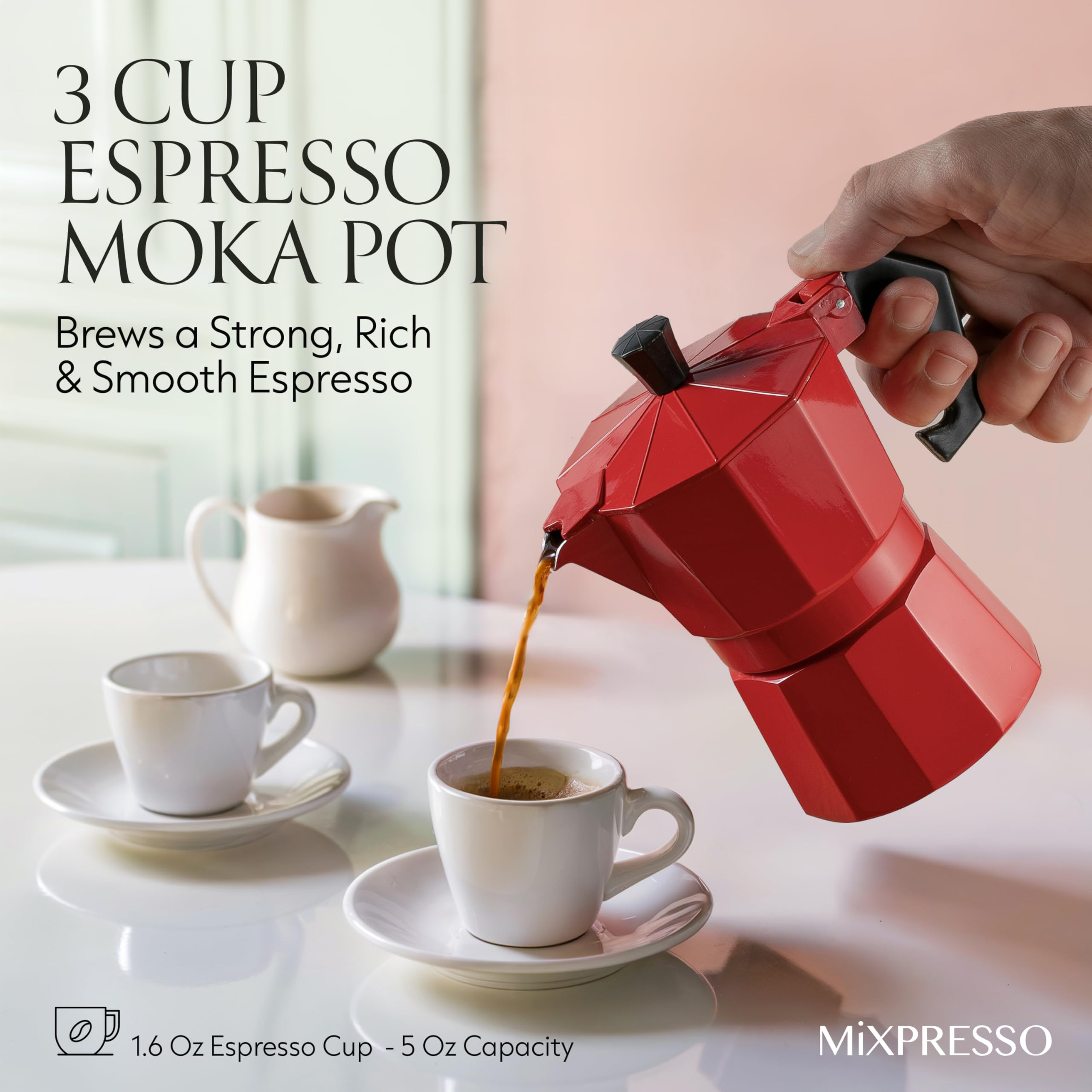 Mixpresso Aluminum Moka Stove Coffee Maker, Red Moka Pot Coffee Maker For Gas & Electric Stove Top, Classic Italian Coffee Maker