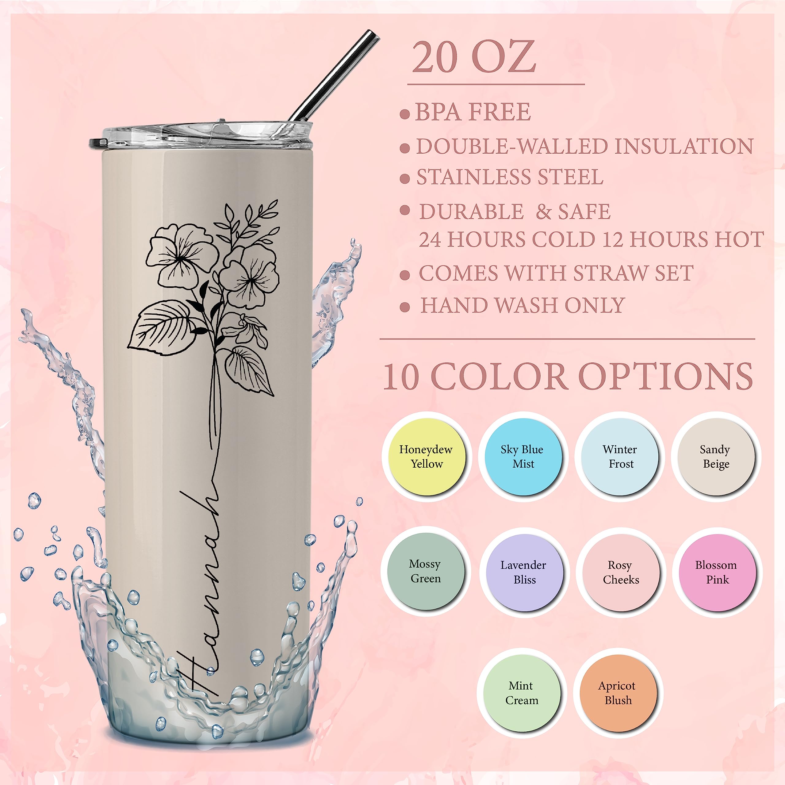 Birthday Gifts for Women, Personalized Tumblers with Birth Flower and Name, 10 Colors - 20 Oz, Skinny Tumblers for Women