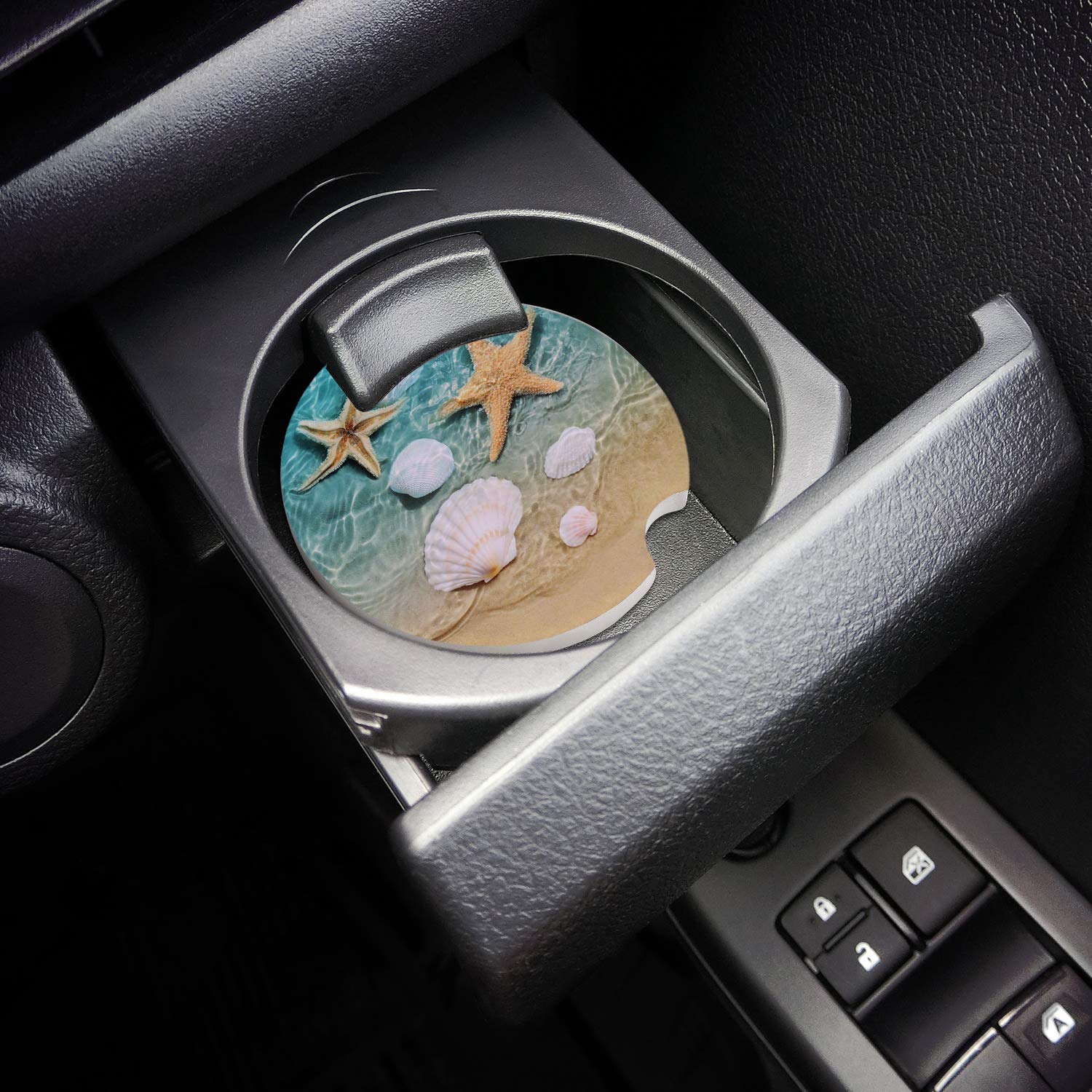 Absorbent Car Coasters For Cup Holders Fresh Beach Sand Starfish Shell, Small 2.56Inch Ceramic Stone Drink Coaster For Women Men