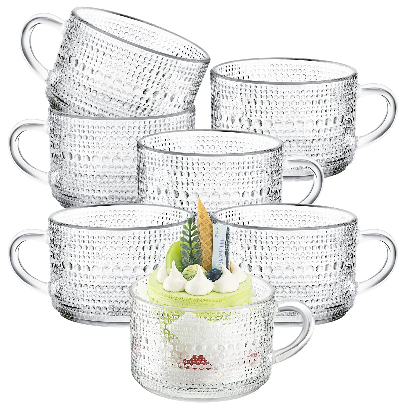 Eccliy 6 Pcs Glass Mugs 14 oz Embossed Stackable Cups with Handle,Clear