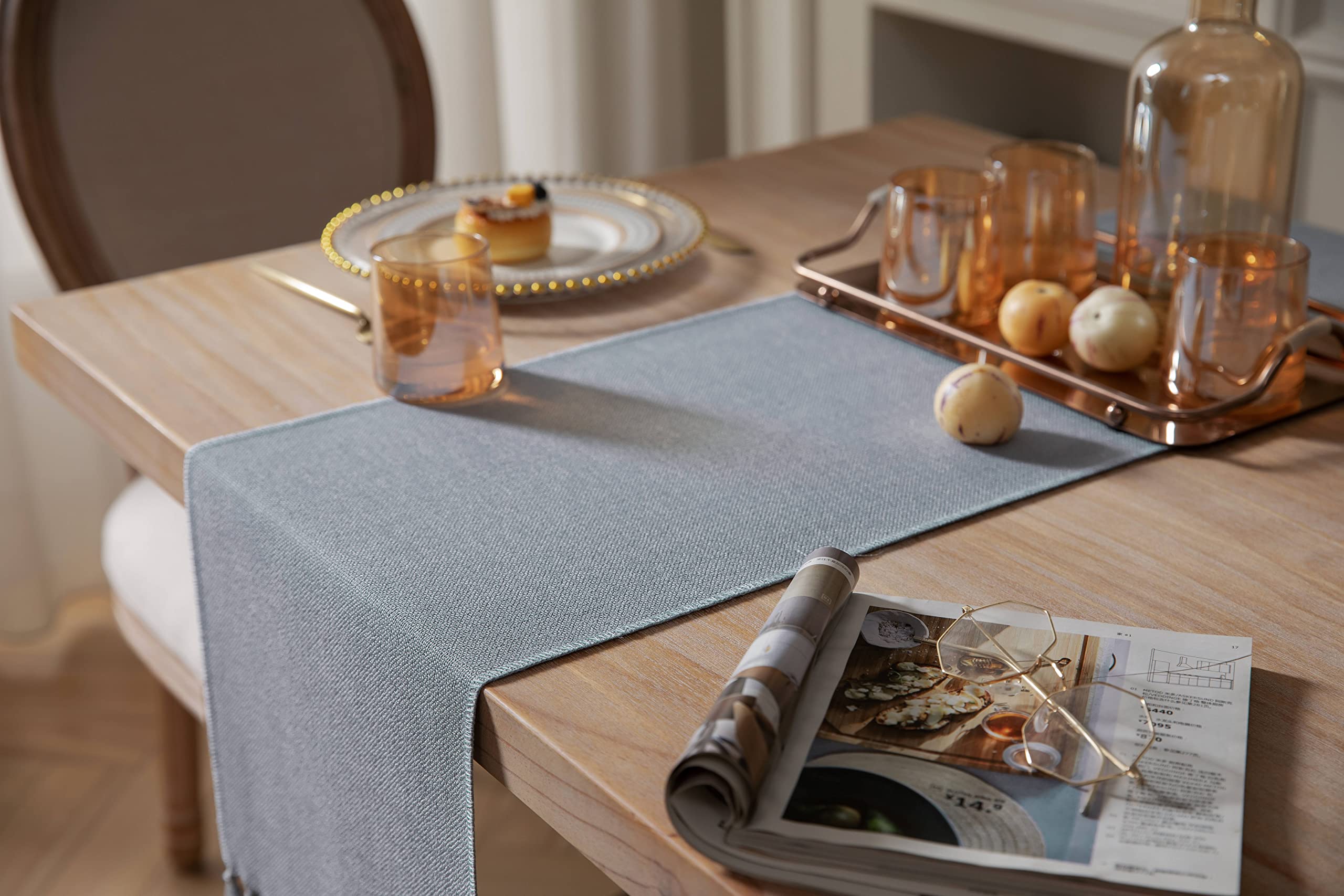 ZeeMart Dusty Blue Table Runners 90 Inches Long  Burlap Linen Style Rustic Farmhouse Table Runner  Long Boho Dining Table Runner  13x90 Inches  Light Dusty Blue