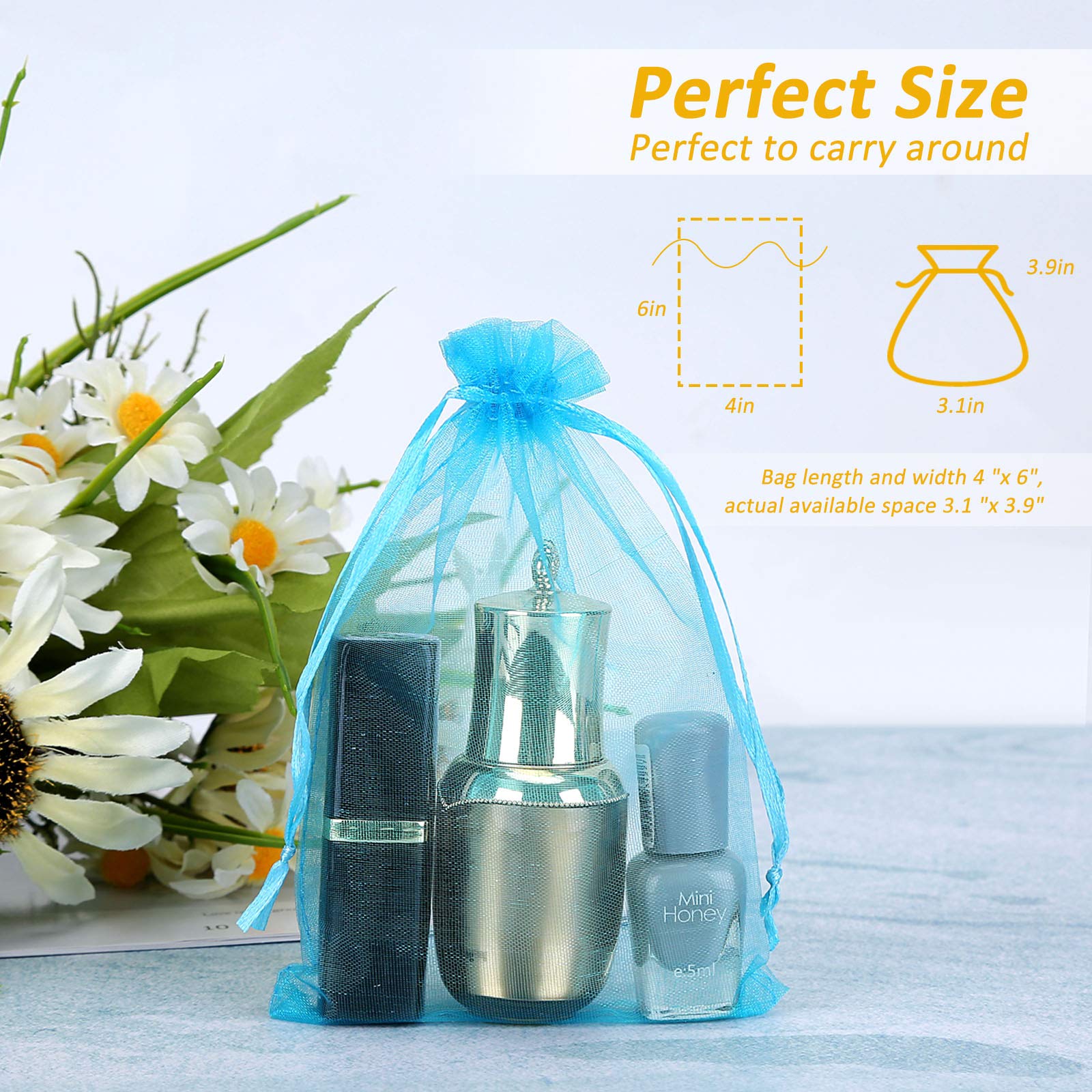 Angooni 100PCS Blue Organza Drawstring Bags, 4x6 Inch Jewelry Party Favor Pouches
