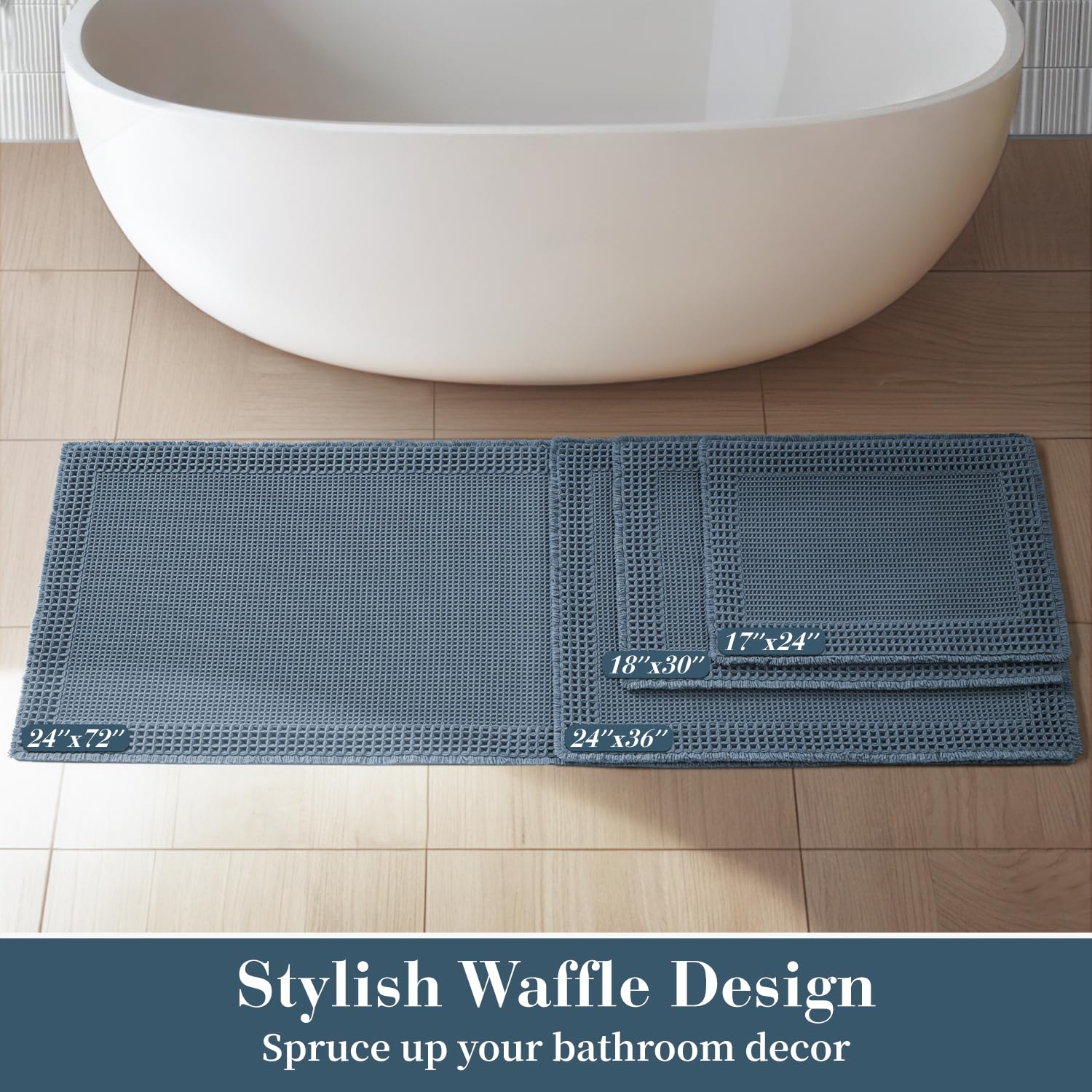 Resare Waffle Bath Mat For Bathroom, Super Absorbent Bathroom Rugs Non Slip Machine Washable, Ultra Soft Boho Bath Rugs With Tas