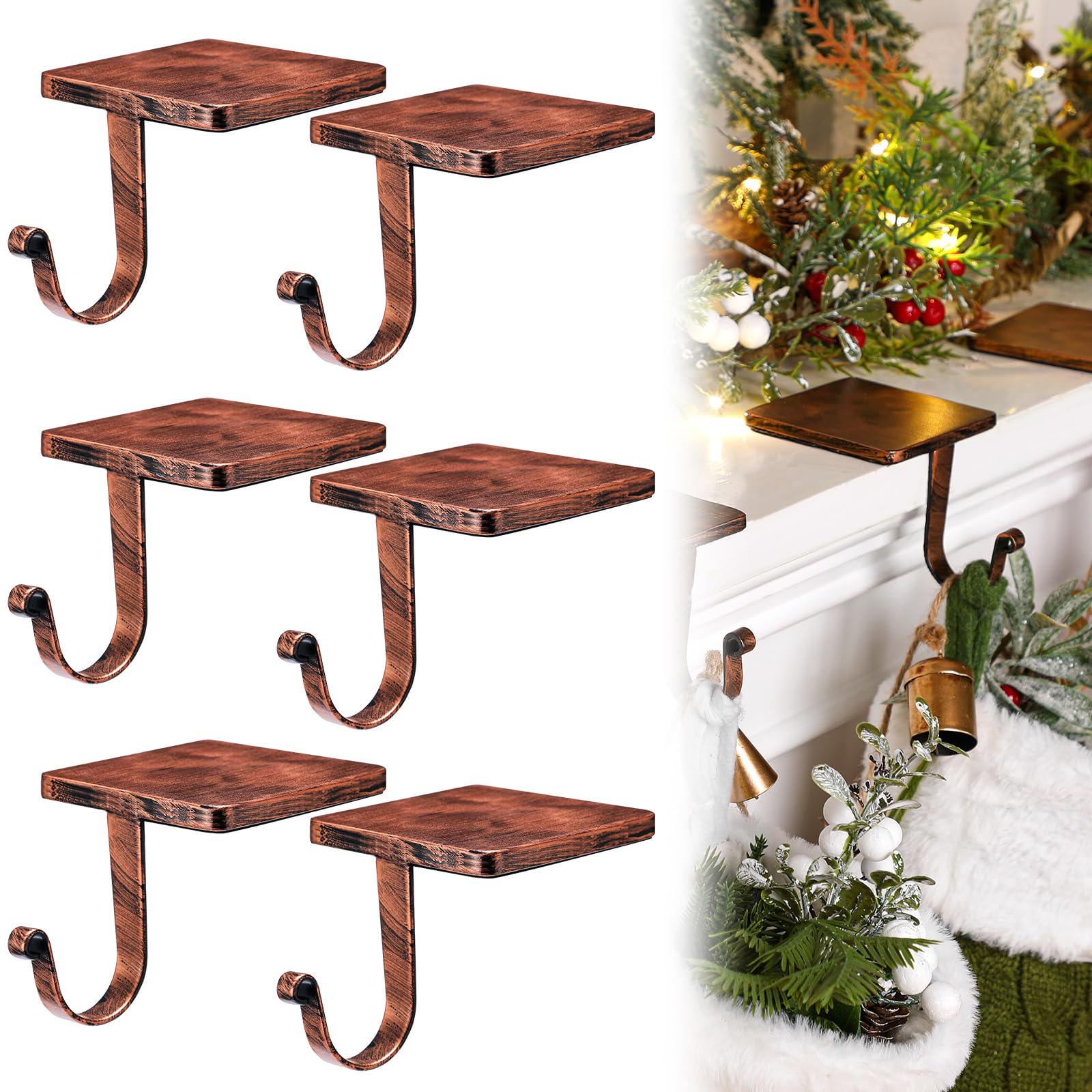 Tandefio 6 Pcs Christmas Stocking Holders Mantel Stocking Hangers Heavy Duty Metal Stocking Hooks for Mantle Weighted Stocking H