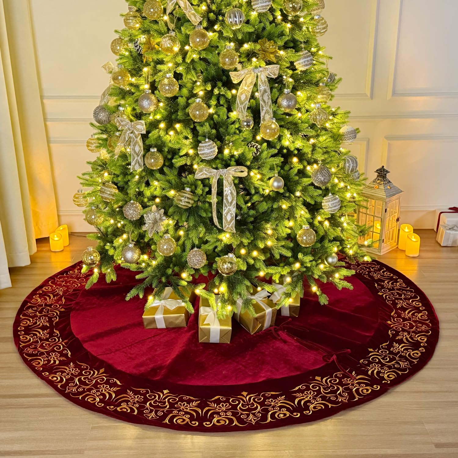 Starry Dynamo 84-Inch Victorian Velvet Christmas Tree Skirt with Gold Damask Embroidery and Plush Lace Ties, Burgundy