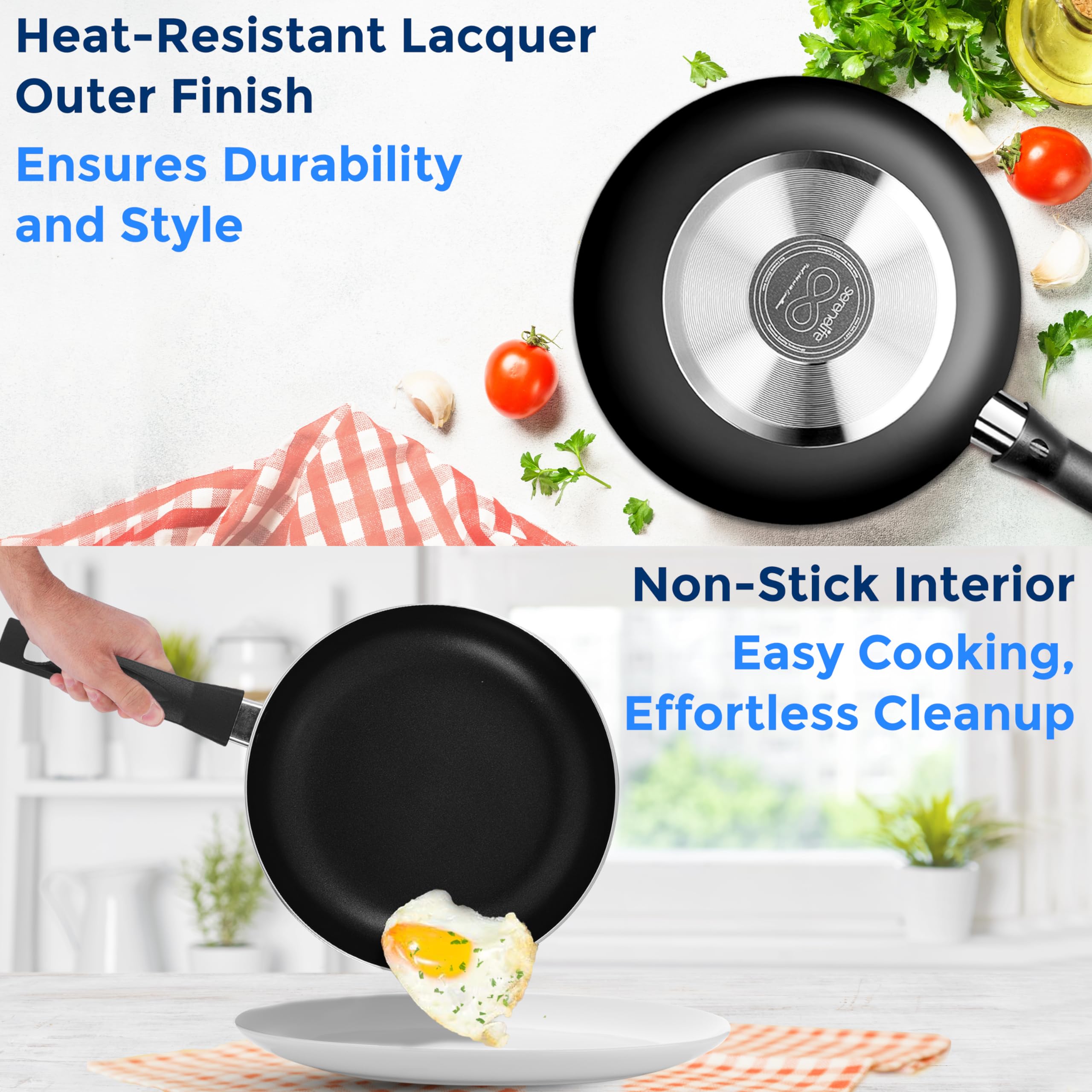 SereneLife Kitchenware Pots & Pans Basic Kitchen Cookware, Black Non-Stick Coating Inside, Heat Resistant Lacquer (11-Piece Set)