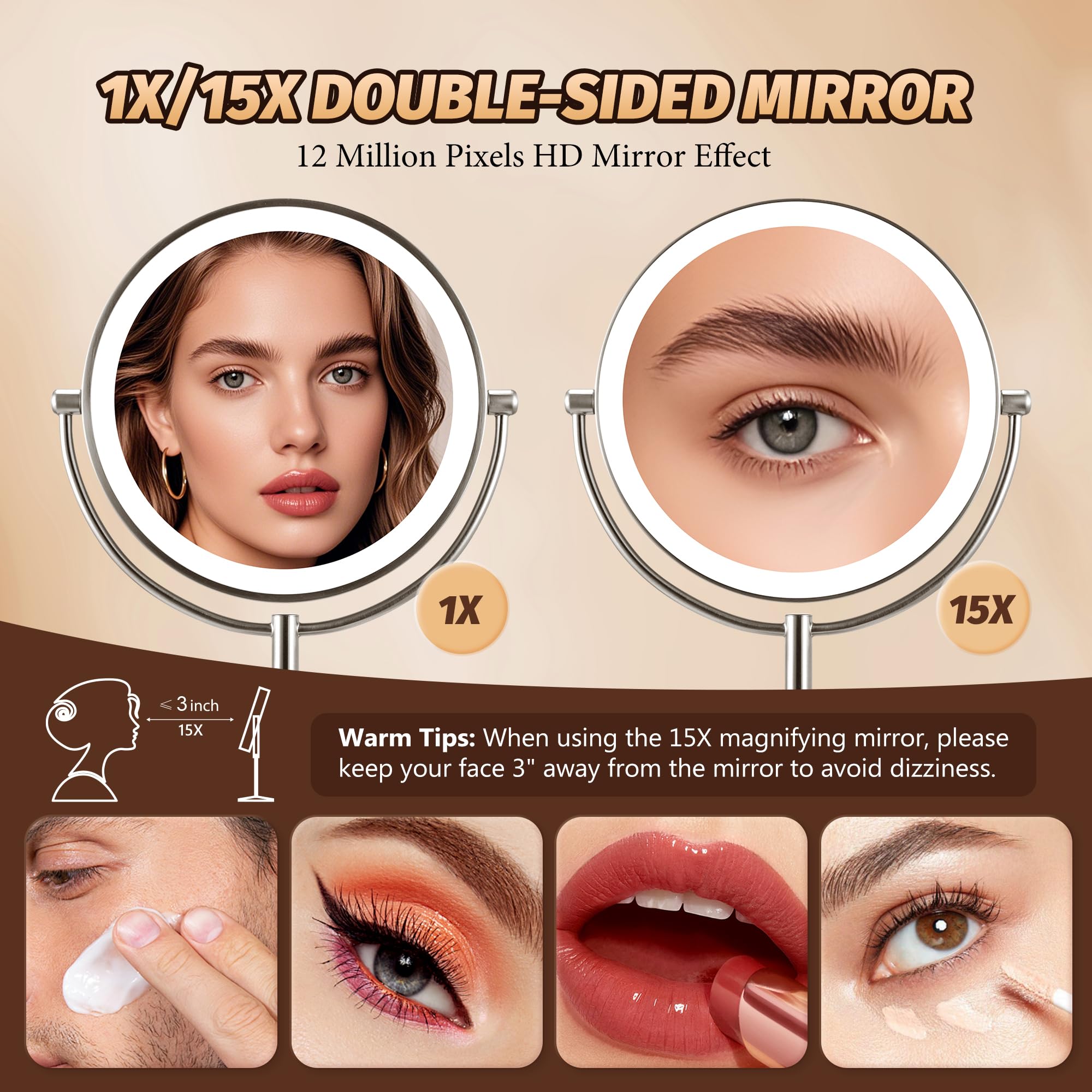 Vorremirr 15X Magnifying Mirror With Light: 9 Inch Lighted Makeup Mirror With 3 Colors, 360Rotation Touch Screen Rechargeable Li