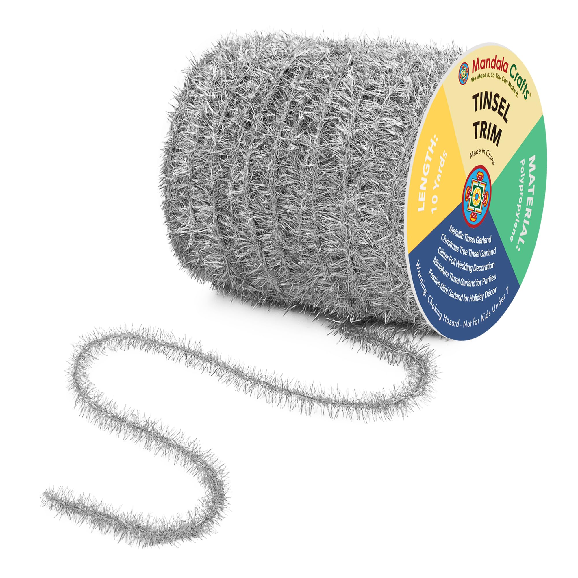 Mandala Crafts Silver Tinsel Garland - 30 Feet Thin Metallic Foil Glitter Mini Garland for Christmas Tree, Party, Wedding Decor,