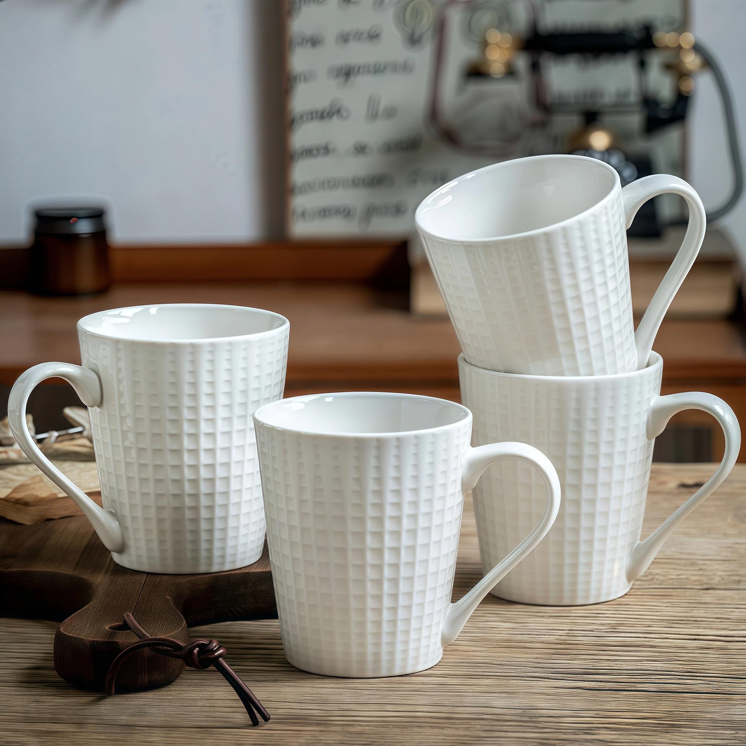 ONIGIRI Coffee Mugs Set of 4, Elegant Embossed Ceramic Coffee Cups, 300ml/10oz White Porcelain Mug Set