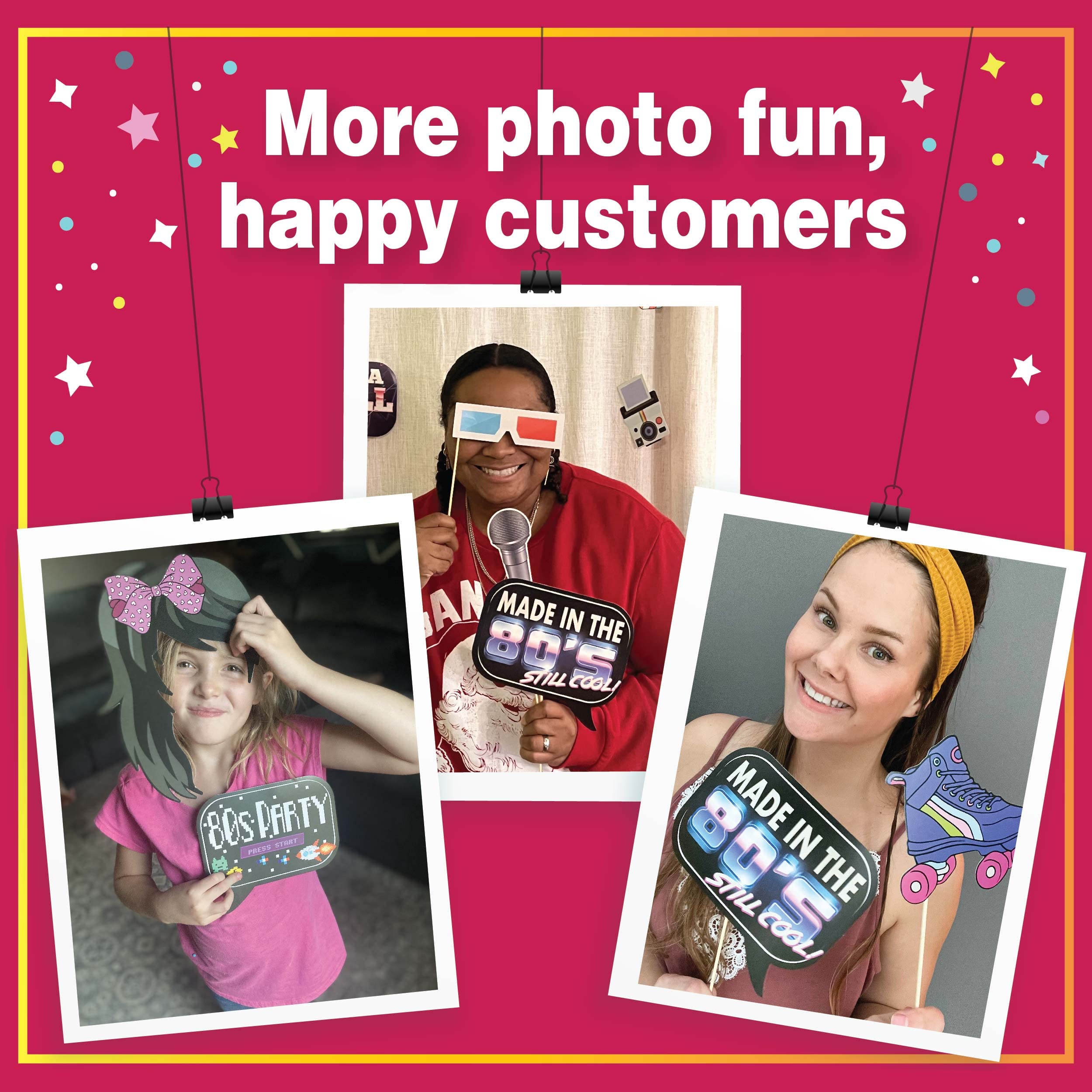 80s Photo Booth Props - 41-pc Photo Prop Kit with 8 x 10-Inch Sign  60 Adhesive Pads  45 Sticks - 80s Decorations - 80s Theme Party Decorations - 80's Theme Party Supplies