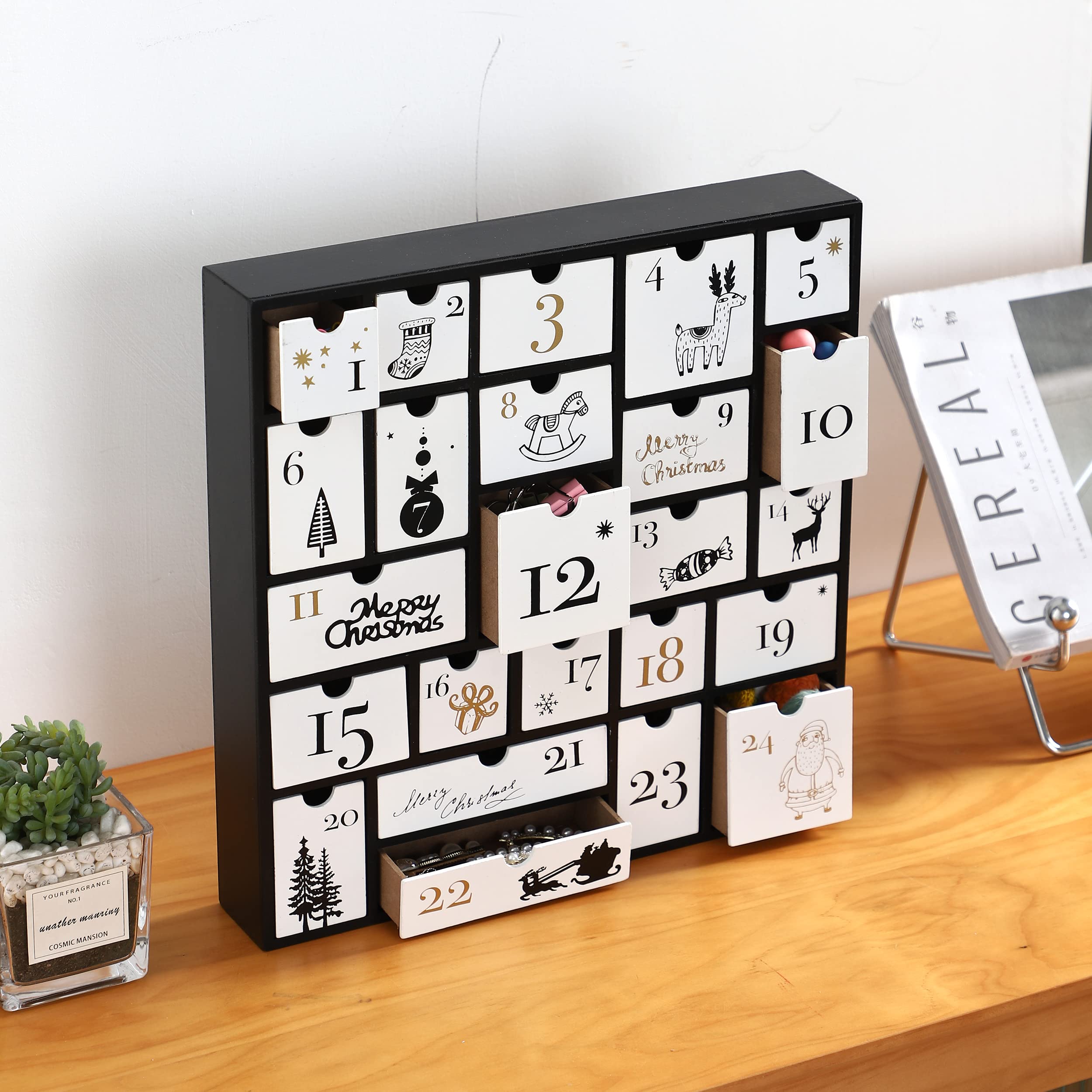 SUNGIFT Wooden Advent Calendar, Christmas Countdown Calendar Boxes with 24 Drawers and Numbers to Fill 2025, DIY Reusable Advent