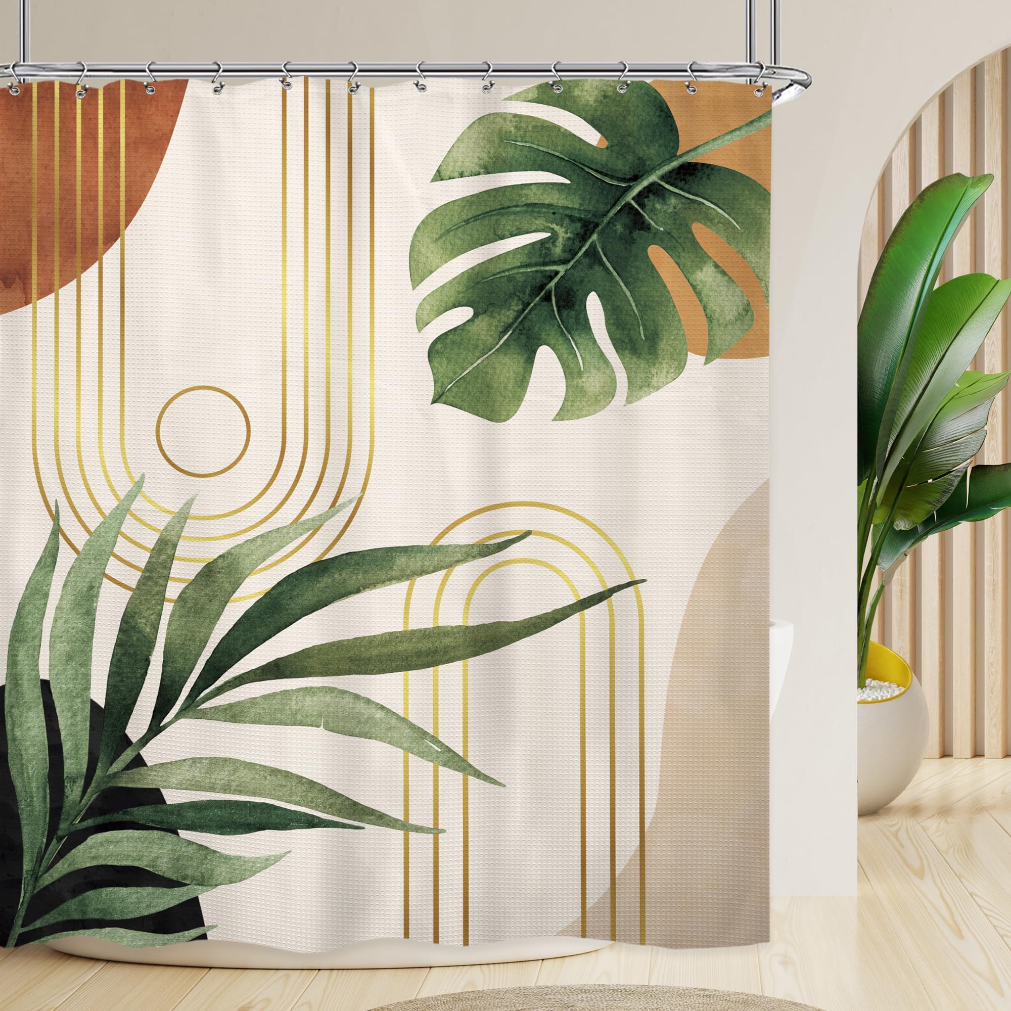 Glawry Waffle Boho Green Shower Curtain Thick Weighted Heavy Duty Abstract Mid Century Tropical Palm Leaf Modern Bathroom 72Wx72
