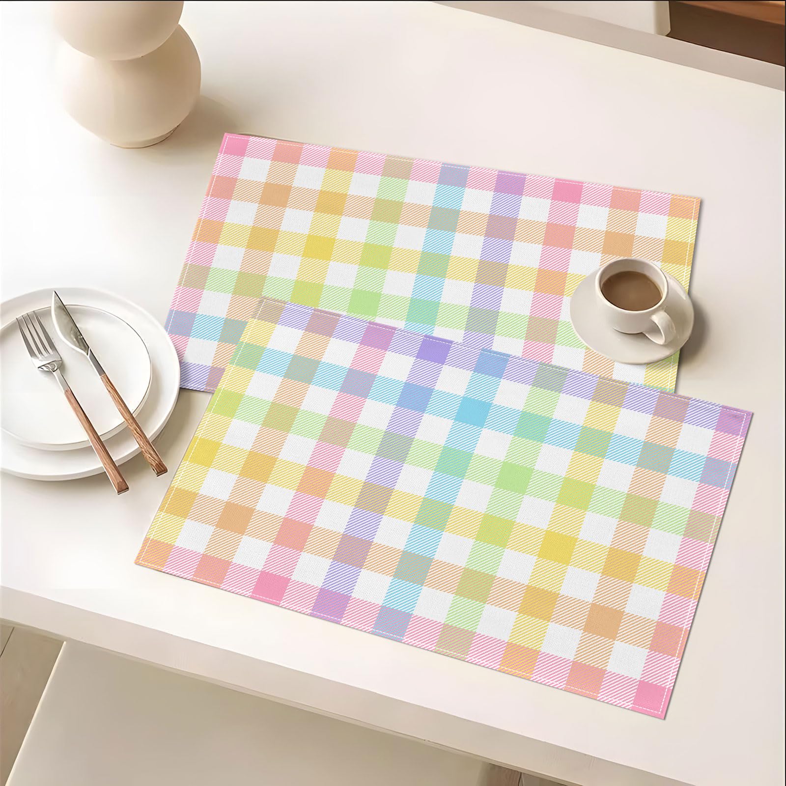Pudodo Easter Buffalo Plaid Check Placemats Set Of 4 Spring Holiday Party Decorations For Home Kitchen Table Supply (12'' X 18''