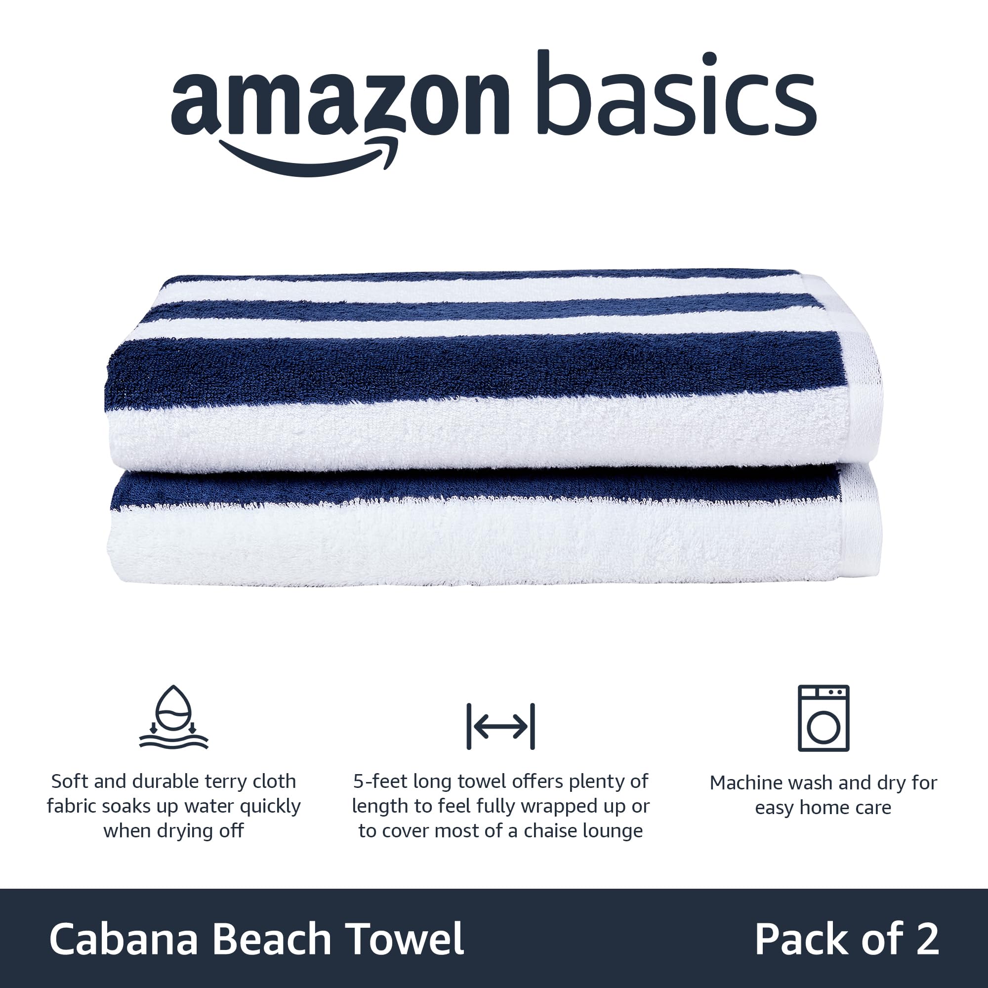 Amazon Basics cabana Stripe Beach Towel  2-Pack  Navy Blue  5984 L x 2992 W