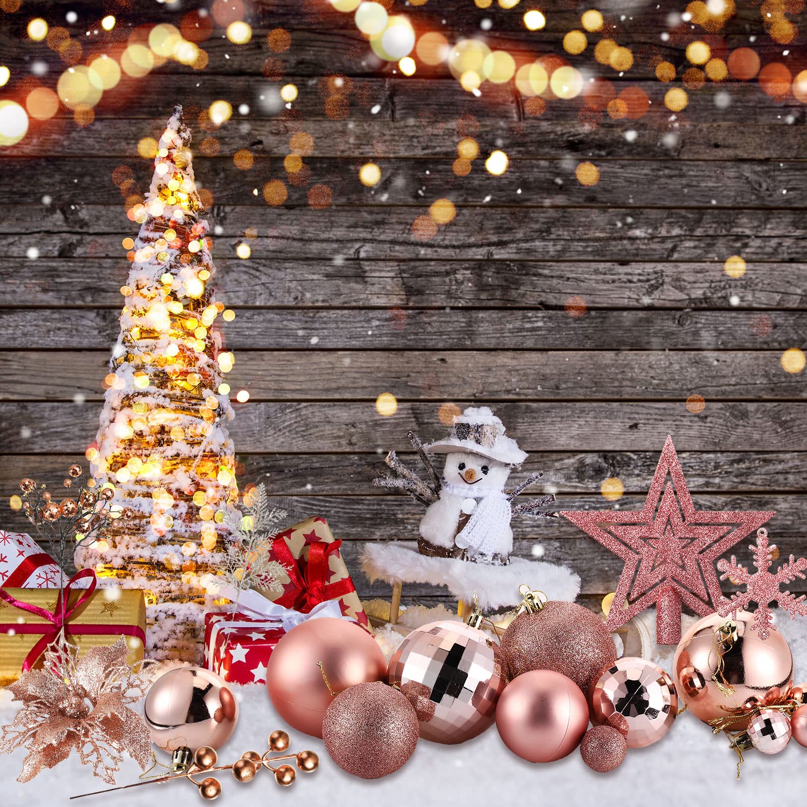 Sratte 94 Pcs Christmas Tree Decorations Set, Christmas Tree Ball Ornaments Glitter Poinsettia Flowers Decorations Glitter Berri