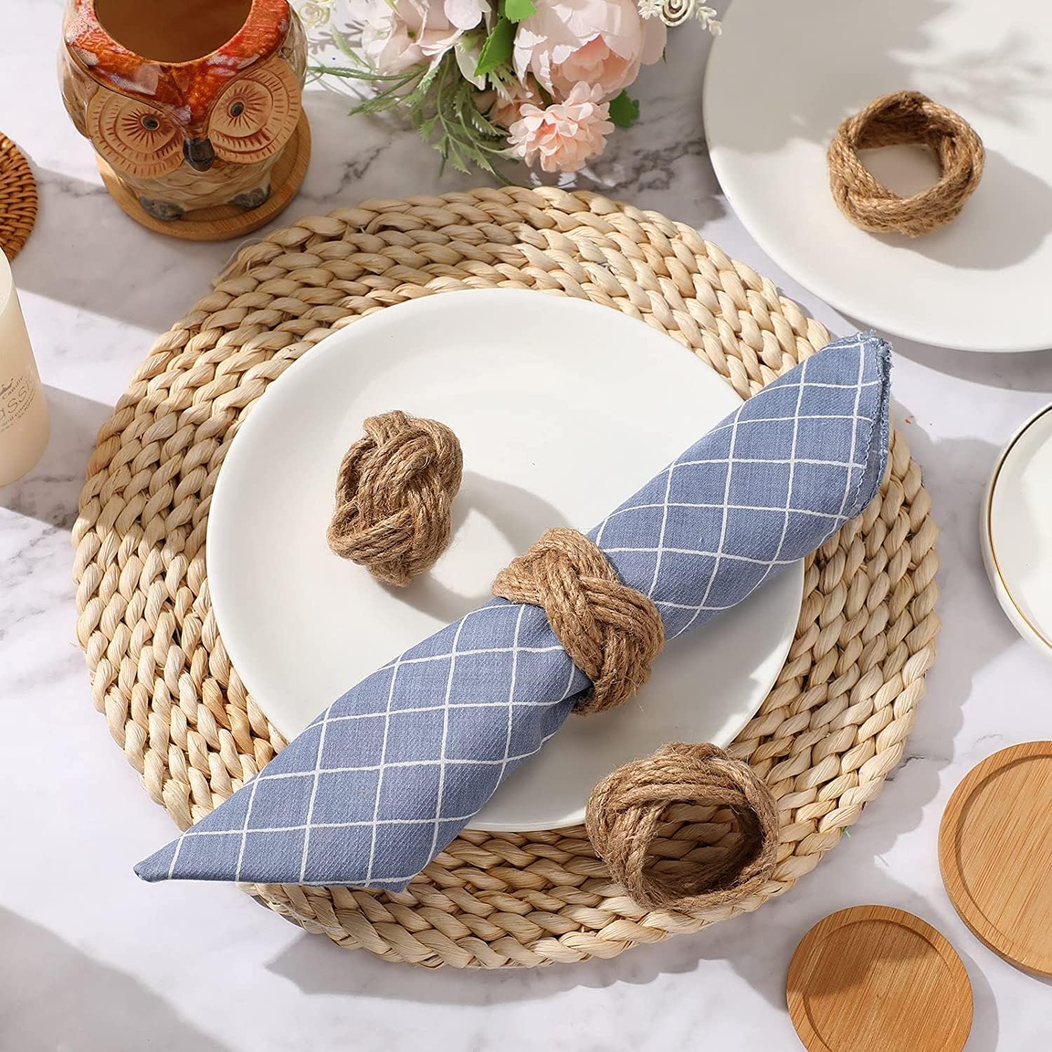 Jovial International Nautical Napkin Rings Set Of 6,Jute Rope Rustic Farmhouse Napkin Ring Burlap Set For Harvest, Thanksgiving,