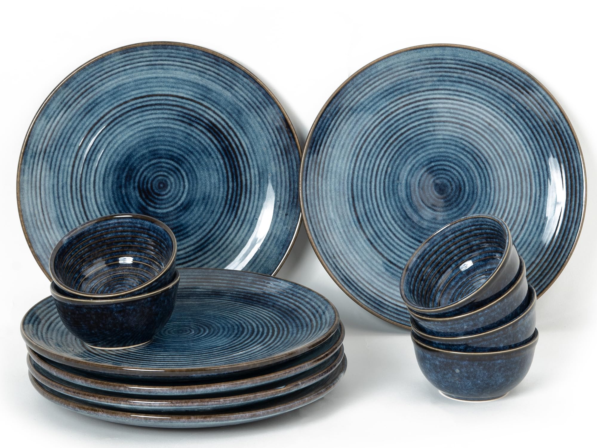 Bodhi House Handcrafted Stoneware Reactive Glaze Ceramic Dinner Set, 12 Pieces Serving For 6, Microwave And Dishwasher Safe, Bon