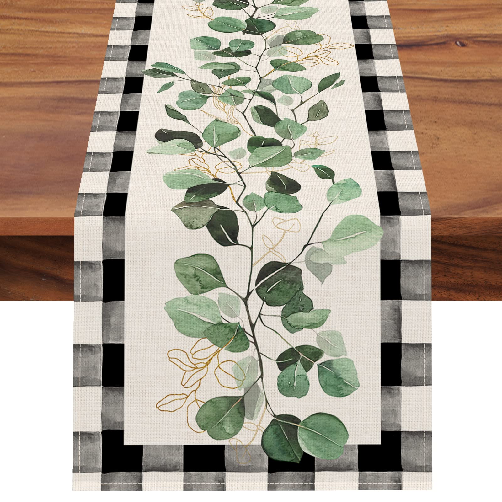Seliem Spring Eucalyptus Leaves Greenery Table Runner, Black White Buffalo Plaid Check Kitchen Dining Table Decor, Green Plants