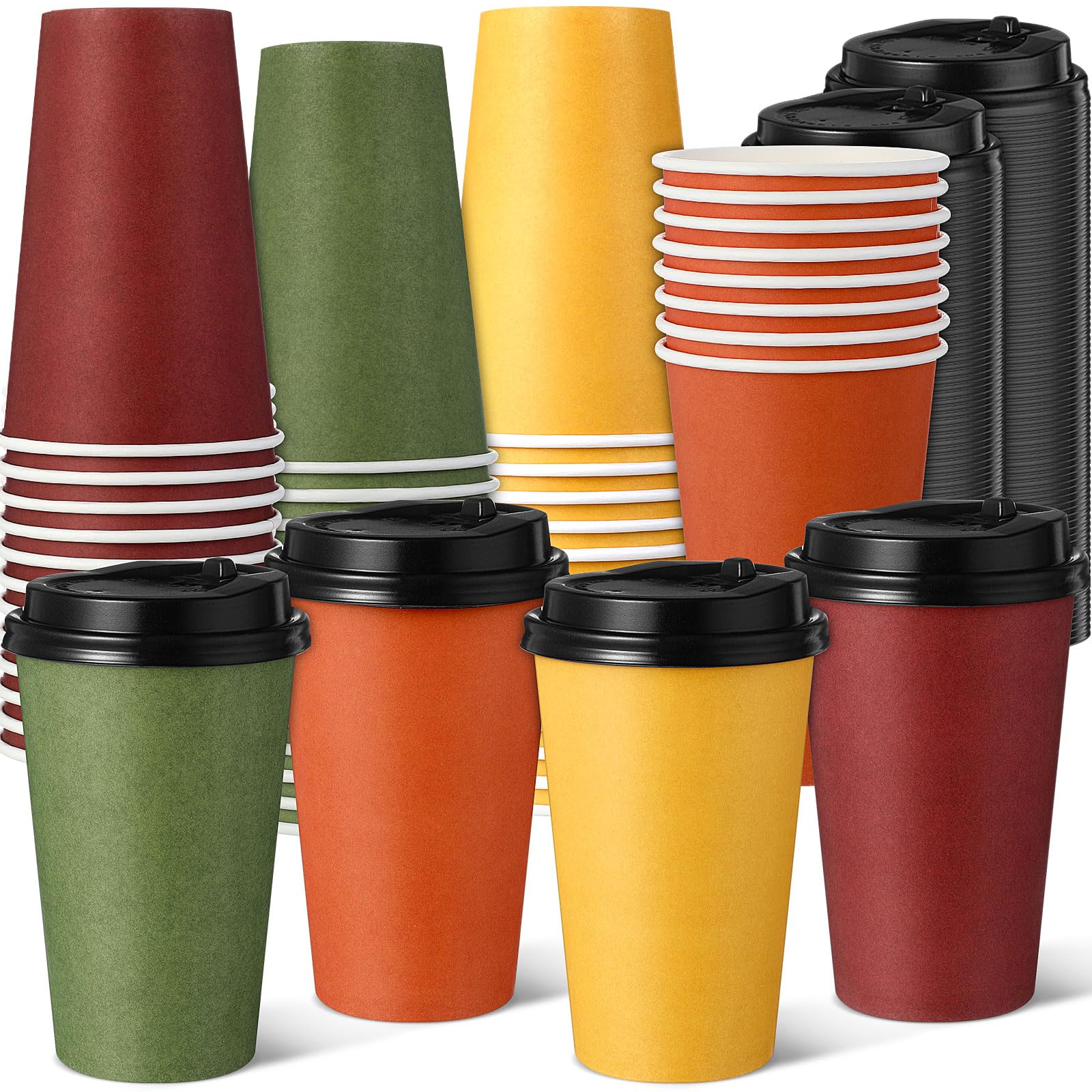 Teenyyou 48 Pack Fall Coffee Cups with Lids, 16 oz Orange Paper Hot Cold