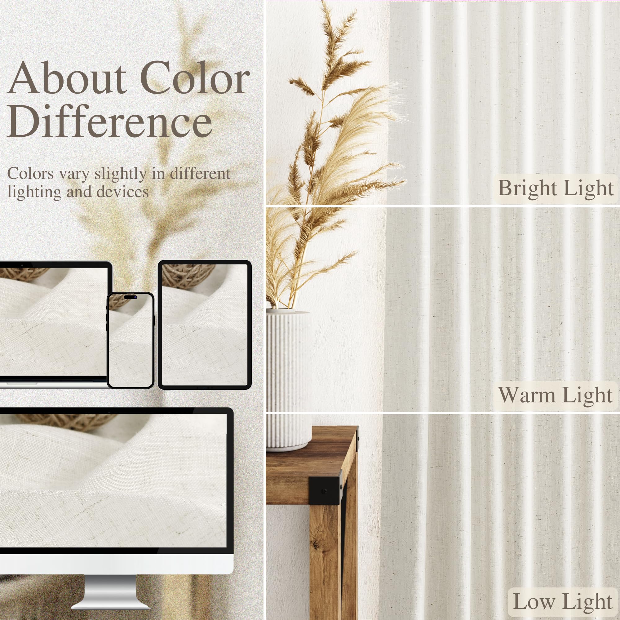 Nanspring White Semi Sheer Linen Curtains for Living Room 2 Panels Set Back Tab Rod Pocket Drapes Modern Farmhouse Coastal Decor