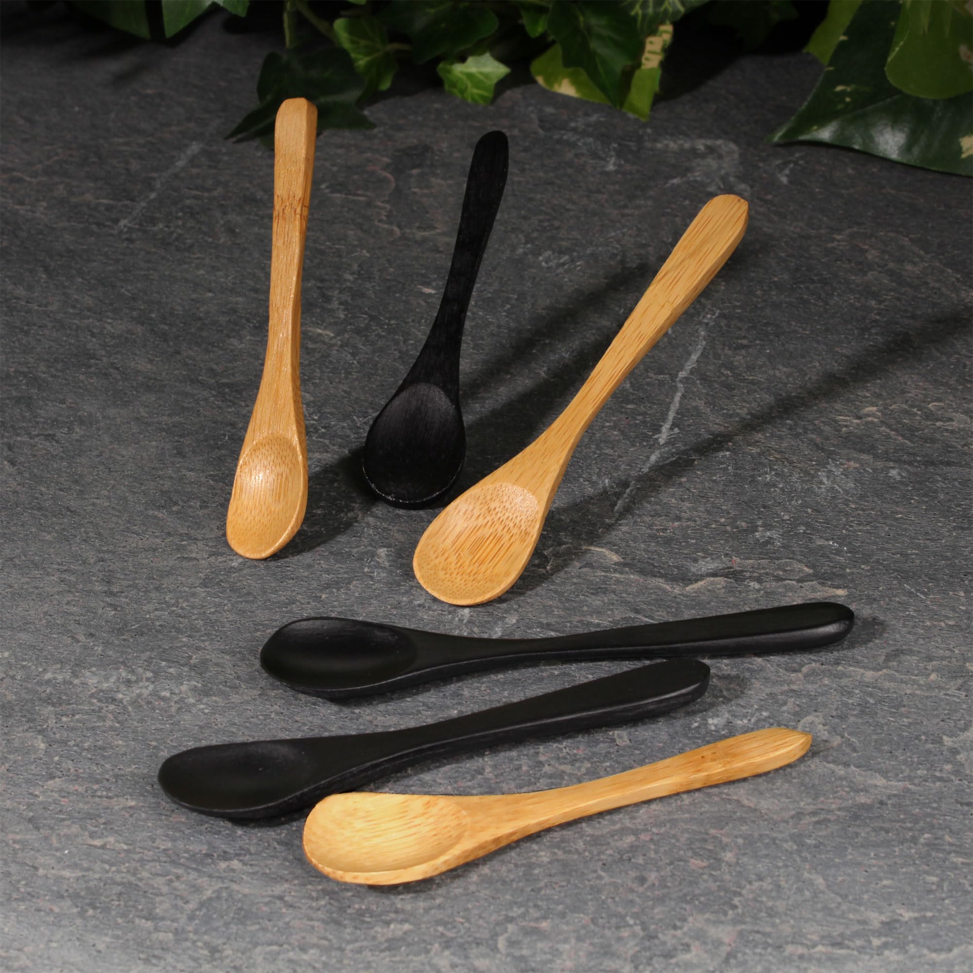 Bamboomn Bamboo Spoons, Mini Salt Spoon/Tiny Wooden Spoons For Spices, 100Pcs Black Oval 3.5''