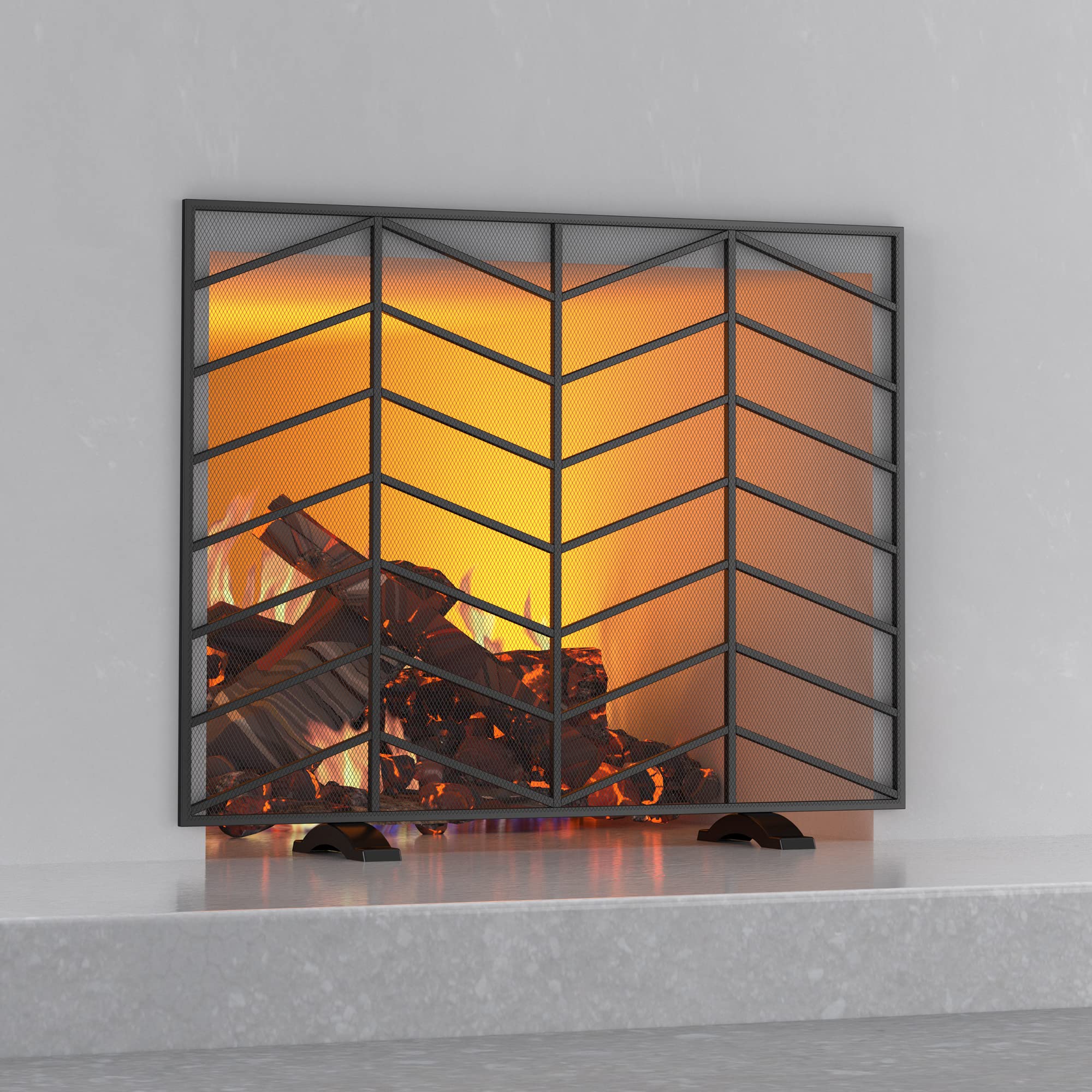 Fire Beauty Single Panel Handcrafted Wrought Iron Mesh Chevron Fireplace Screen, Fire Spark Guard for Living Room, Bedroom Decor