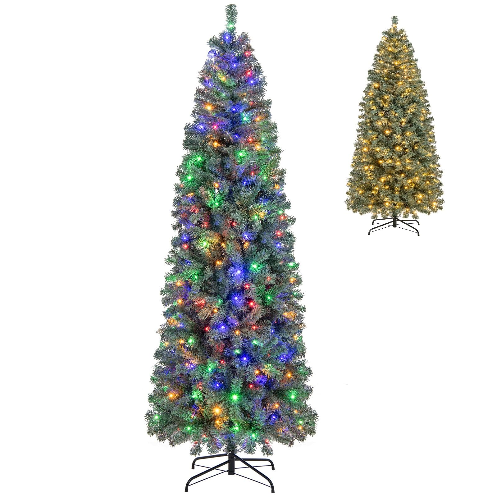 GOFLAME 7.5FT Pre-Lit Pencil Christmas Tree, Hinged Artificial Xmas Tree with 724 Branch Tips, 250 LED Lights, 9 Lighting Modes 
