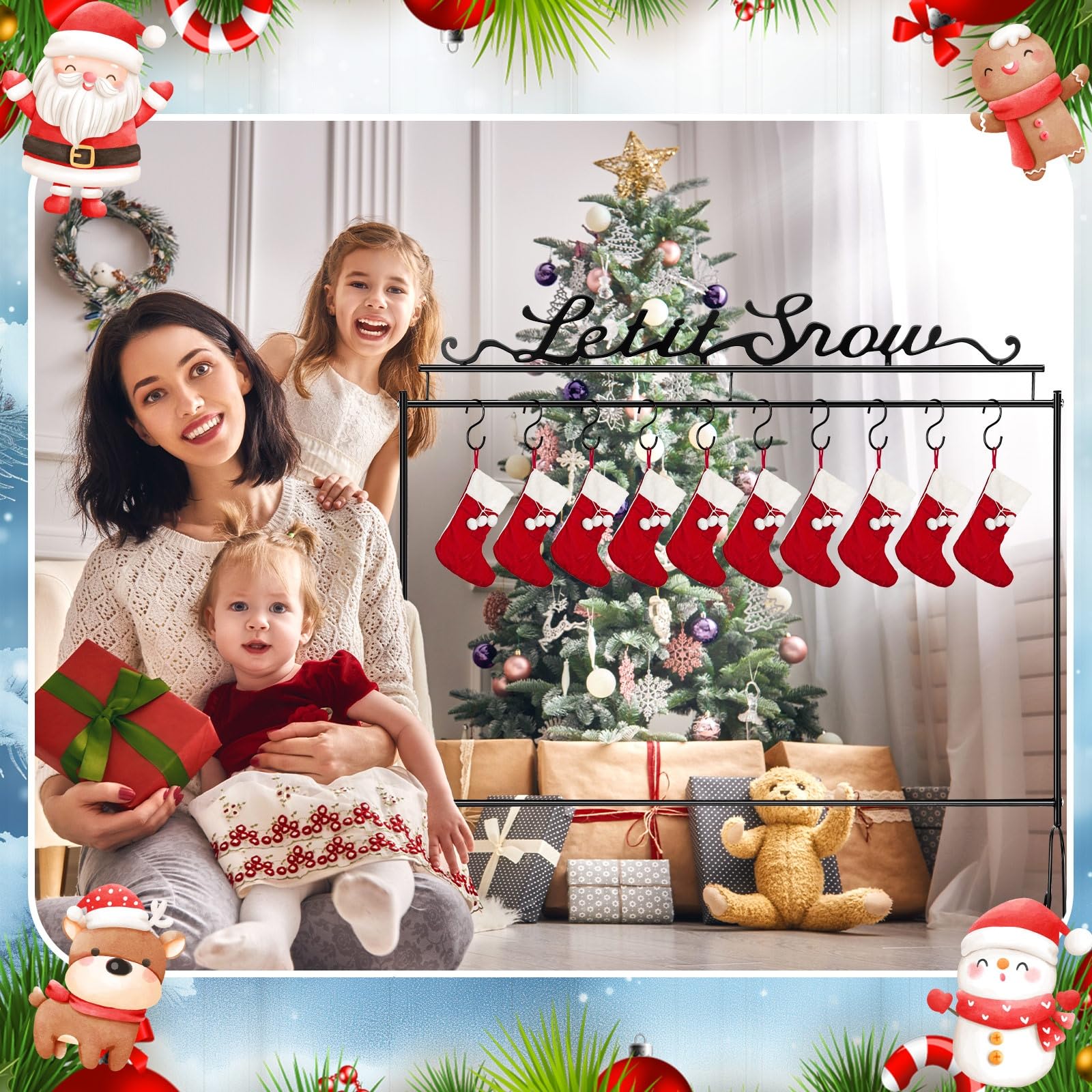 Soaoo Metal Christmas Stocking Holder Stand with 10 Hooks 33.5 x 30 x 8.3 Inch Heavy Duty Freestanding Merry Christmas Stocking