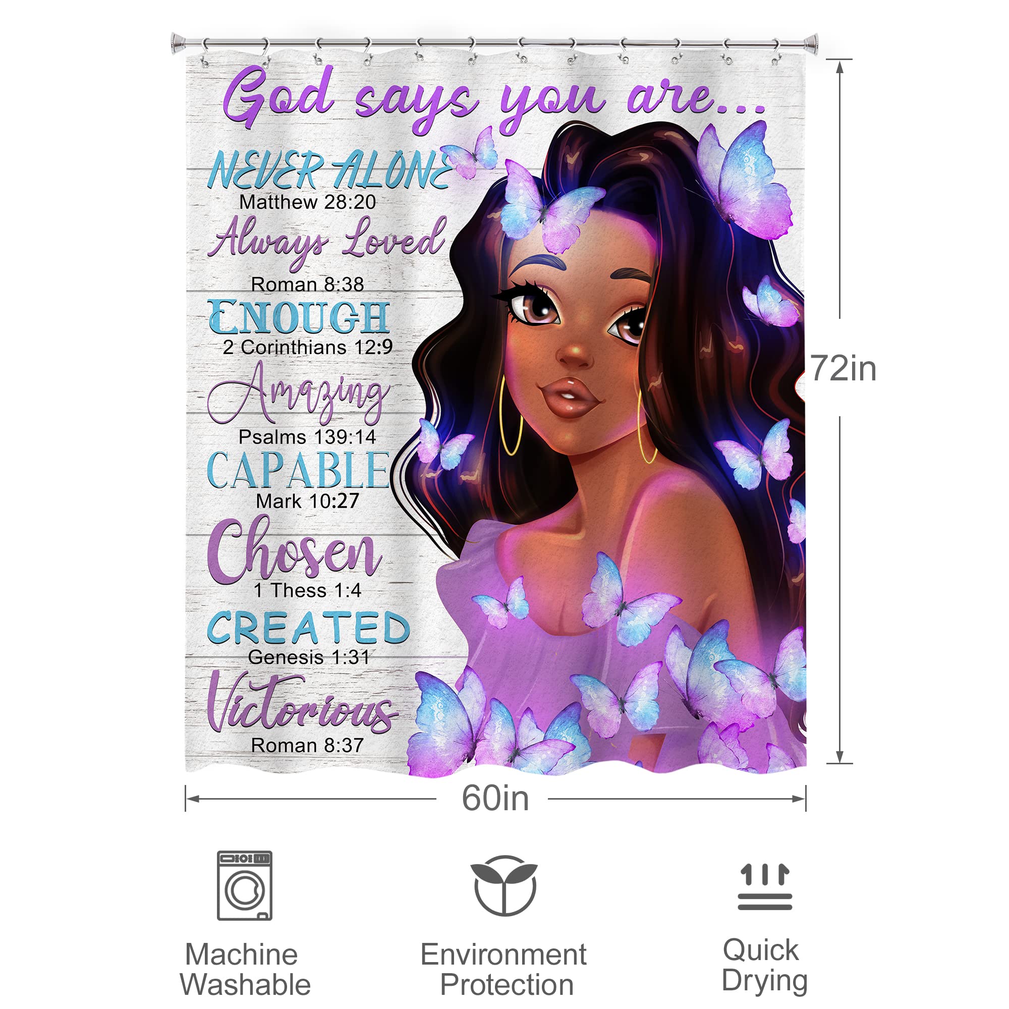 Omifly Black Girl Shower Curtain 60Wx72H Inch African American Woman Purple Butterfly Bible Verse Motivational Quote Scripture C
