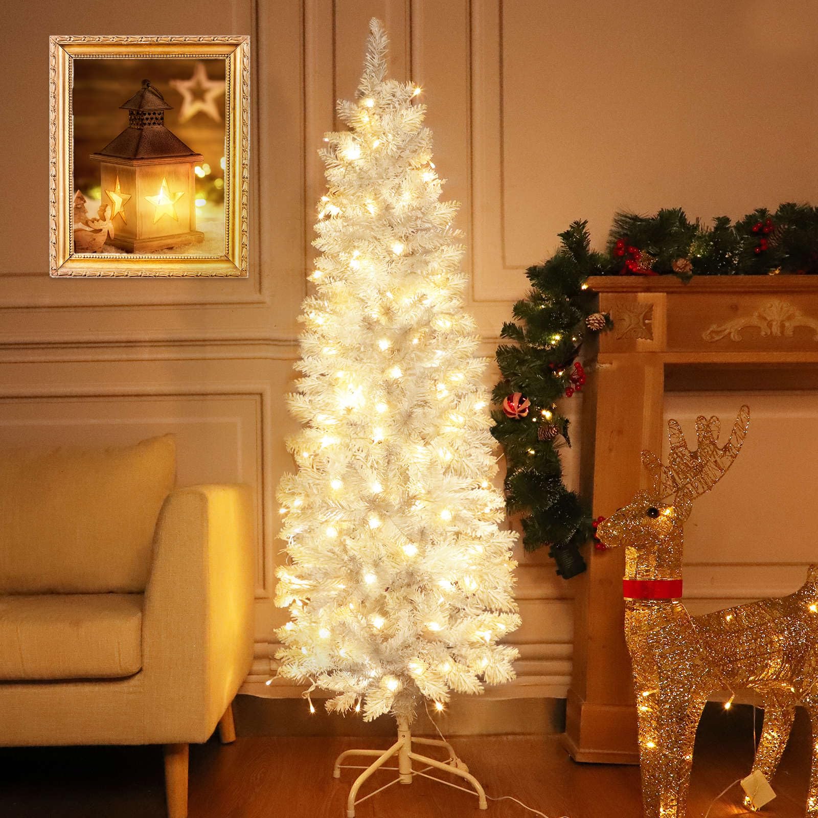 5 Ft Prelit White Pencil Artificial Christmas Tree with Timer 180 LED Warm White & Colorful Change Lights 8 Modes Plug in 550 Br