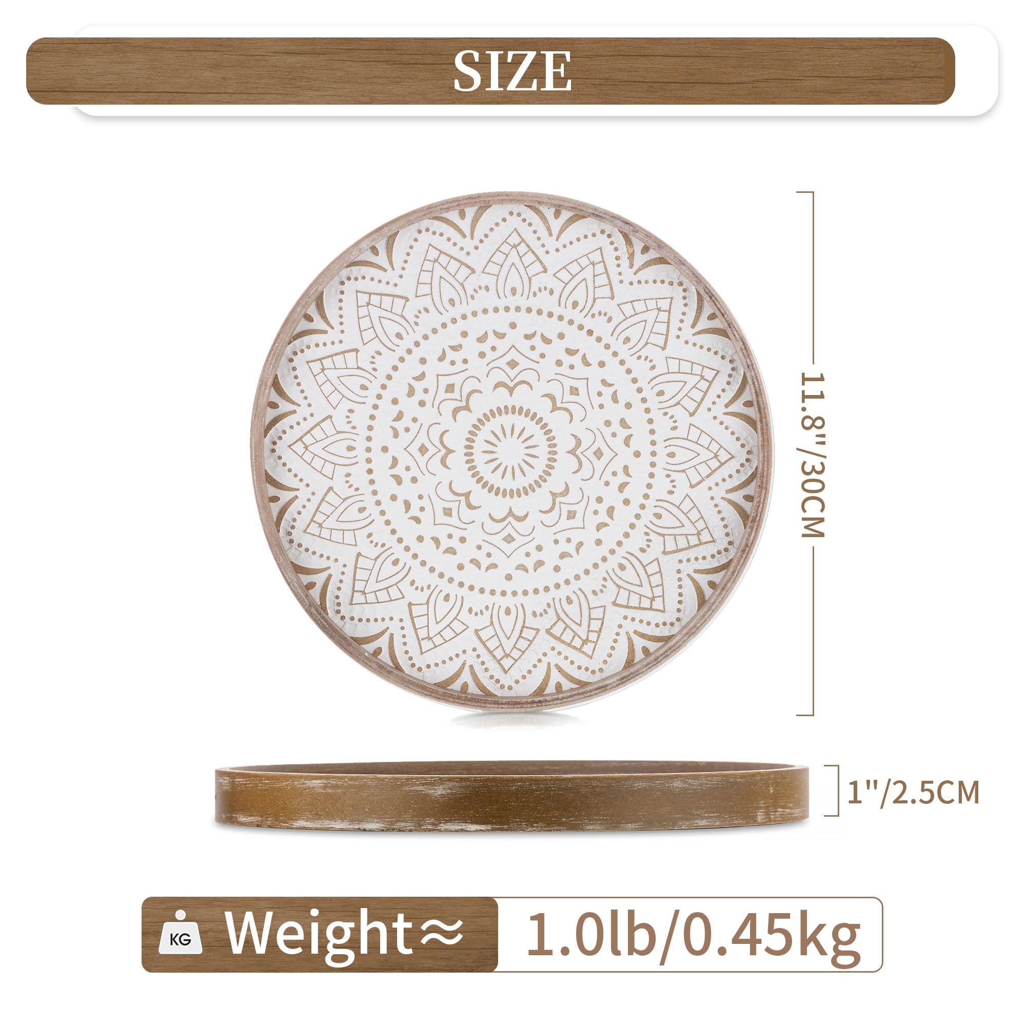 Hanobe Round Decorative Coffee Tray: Rustic Table Tray Decor Farmhouse Centerpiece Wood Circle Tray Floral Serving Trays for Kitchen Counter Boho Ottoman Tray for Home  Brown
