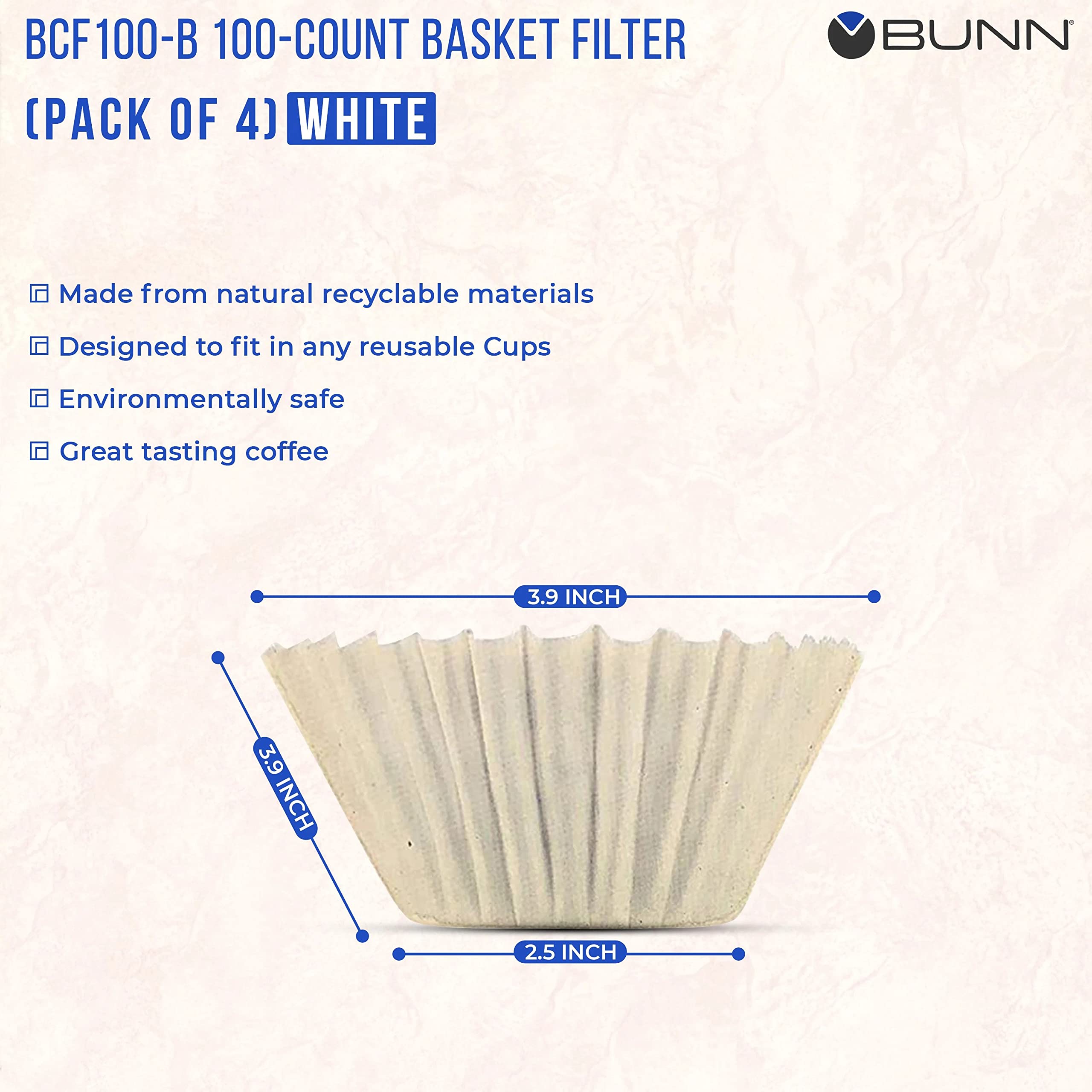 Bun Coffee Filter - 4 Pk - 100 Pcs Per Pack - Taller - Flat Bottom Liner - Quality Paper For Most Coffee Makers - Aromatic Brew