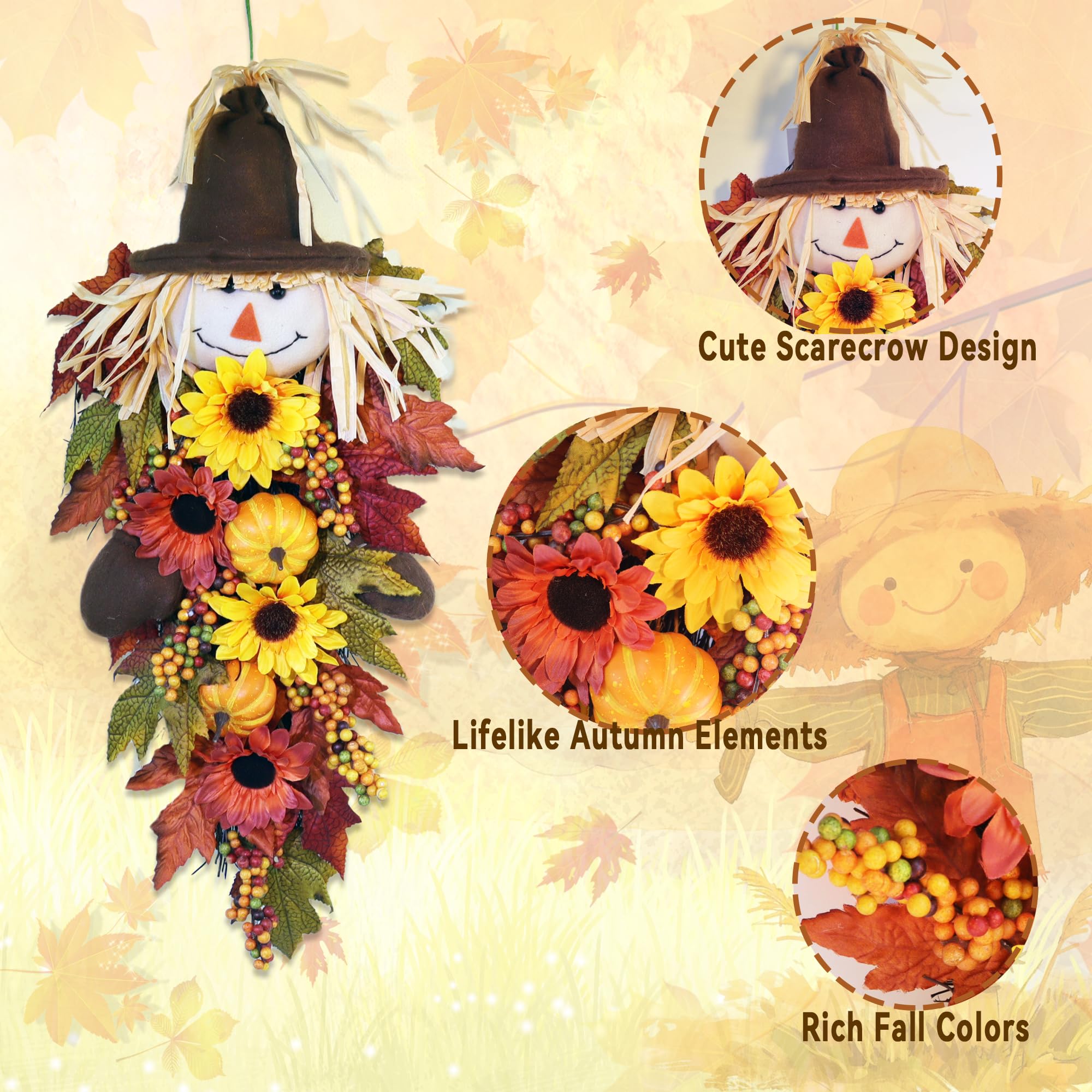 24 Rustic Fall Scarecrow Teardrop Swag - Farmhouse Sunflower & Pumpkin Wreath - Autumn Harvest Hanging Decor for Front Door, Wal