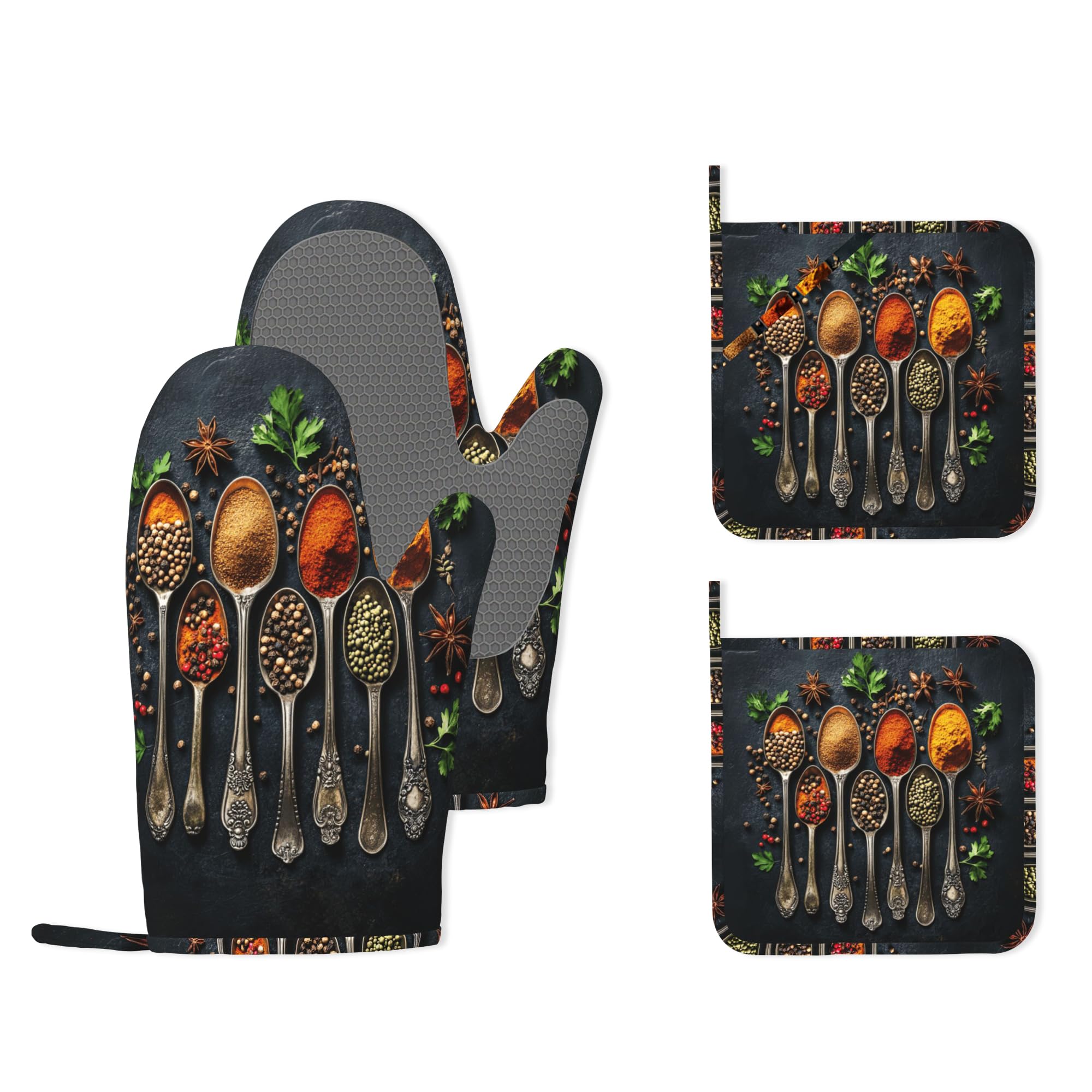 Cooking Herbs Spices HeatResistant Silicone Oven Mitts and Pot Holders 4 Piece Set,Extra Long NonSlip Kitchen Oven Gloves for 