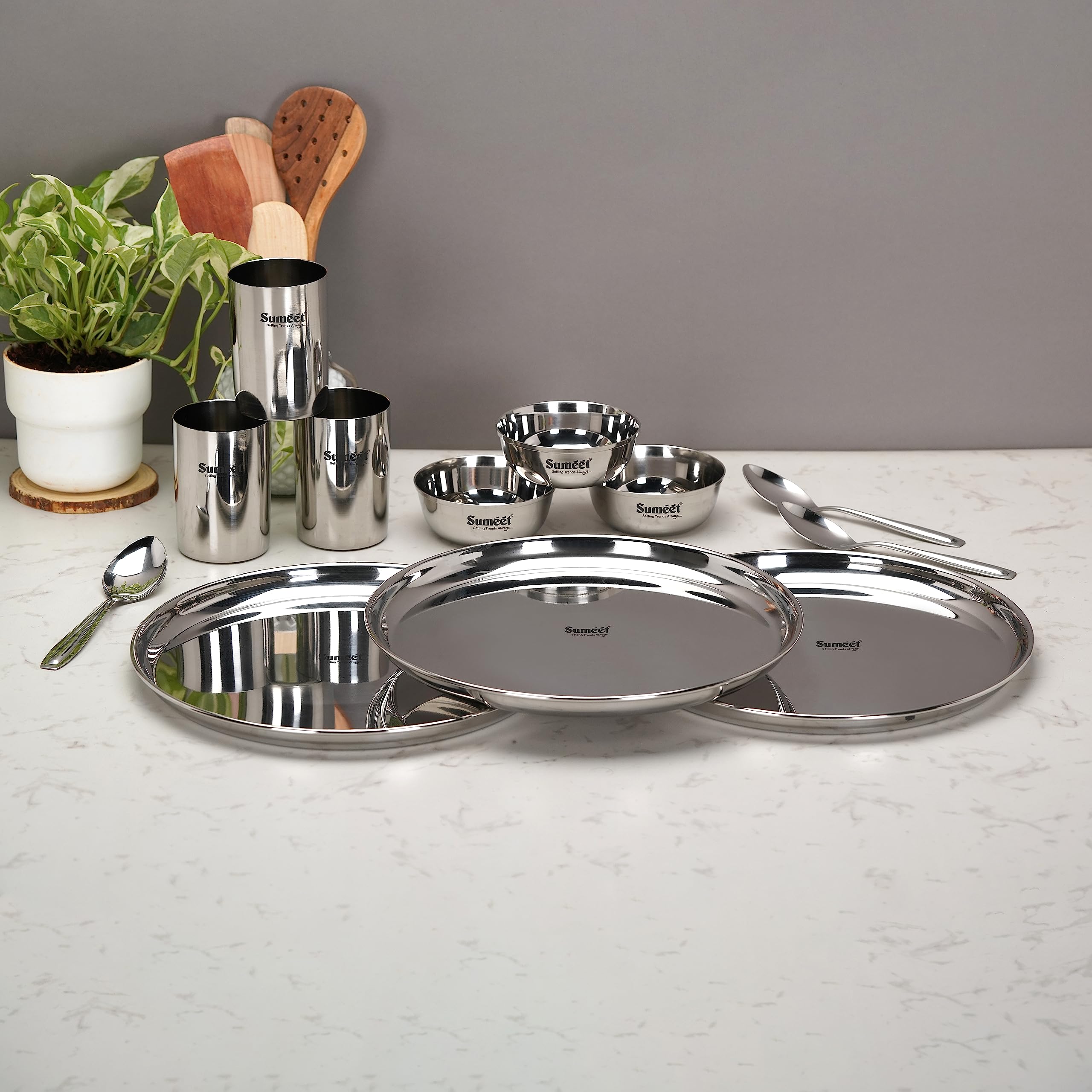 Sumeet Stainless Steel Heavy Gauge Mirror Finish Dinner Solid Set Of 12 Pcs (3 Plate  3 Bowl Wati  3 Glass  3 Spoon)  Silver