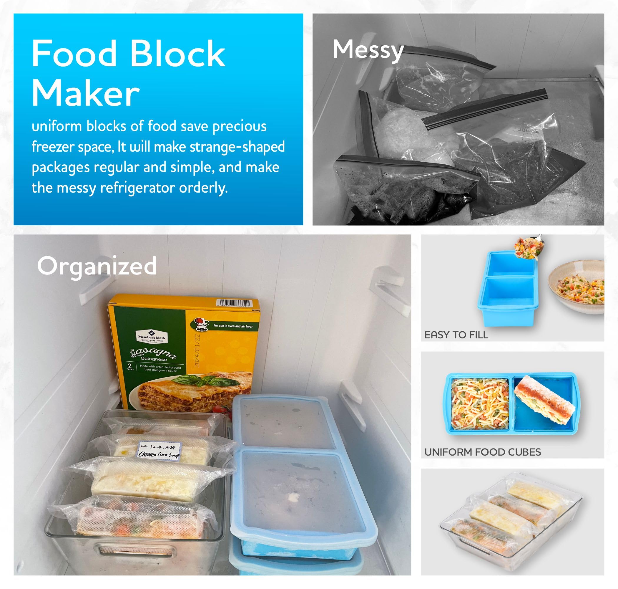 Zip Standing 2 Cup Silicone Freezer Trays With Lid,Soup Freezer Container,Large Ice Cube Molds With Reinforced Steel Ring Top Pe
