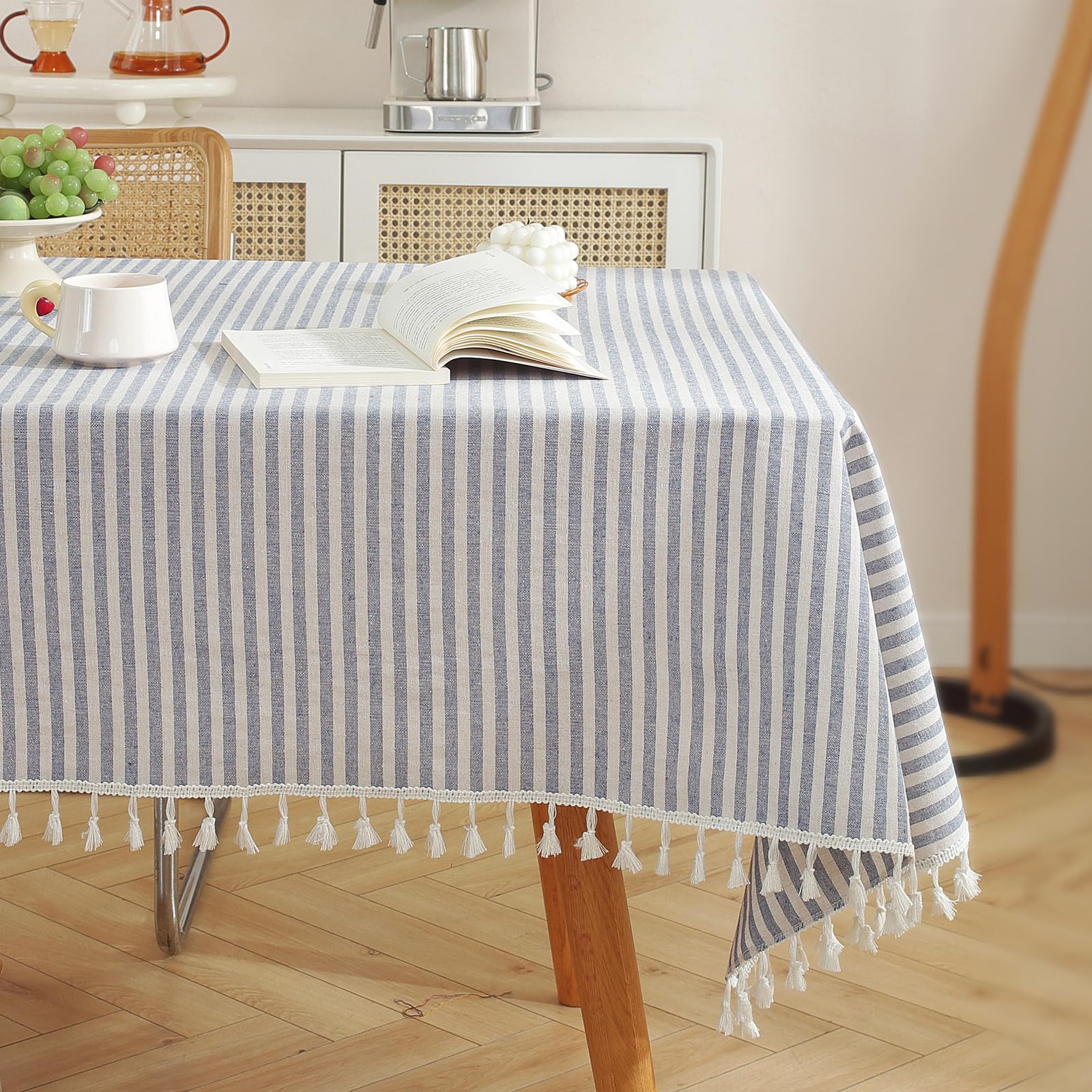Meioro Table Cloth Blue White Striped Tablecloth With Tassels Cotton Linen Dust-Proof Table Cover For Dining Buffet Kitchen Picn