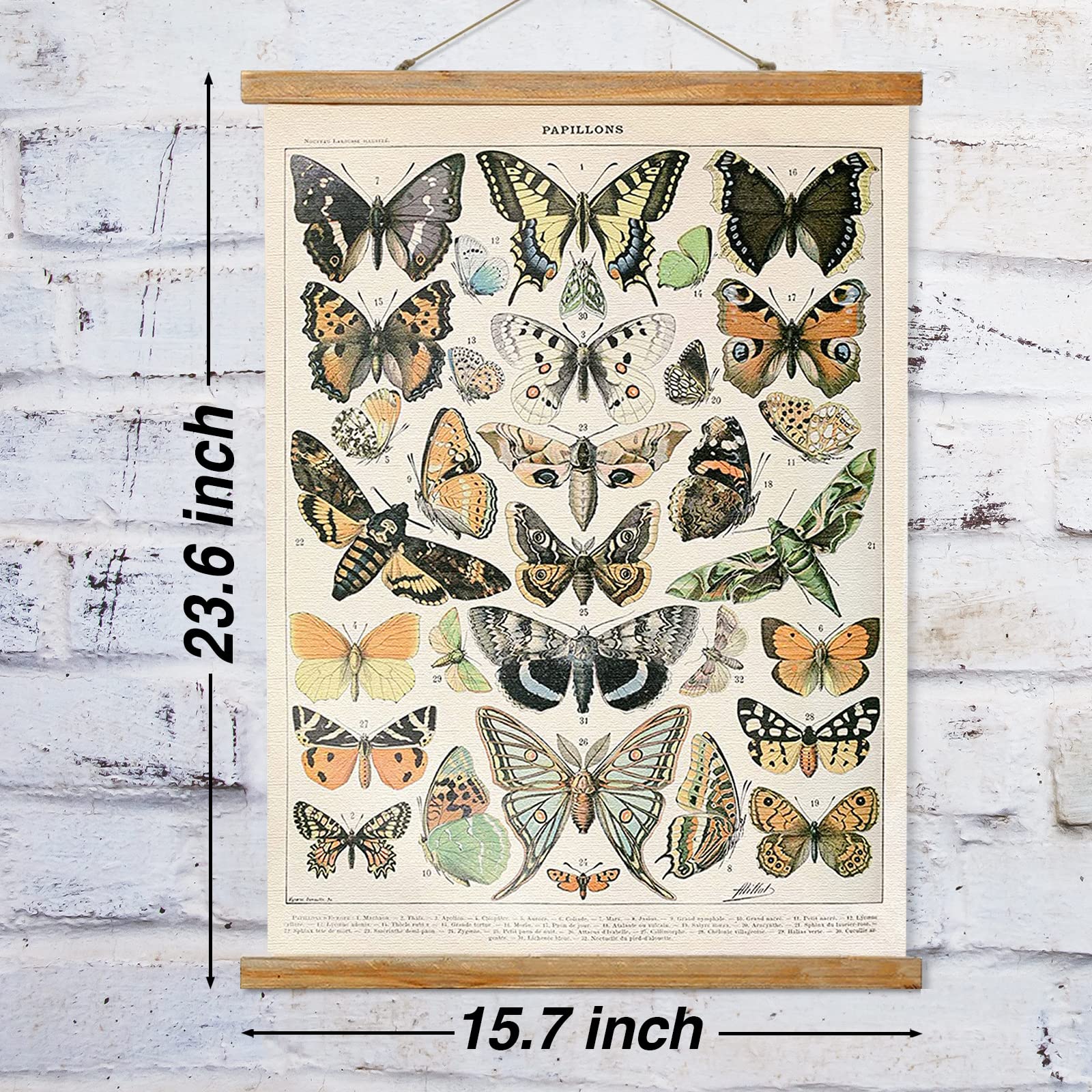 Ovfovy Vintage Butterflies Poster Hanger Frame, Retro Style Of Wall Art Prints, Printed On Linen With Natural Wooden Frames, Ill
