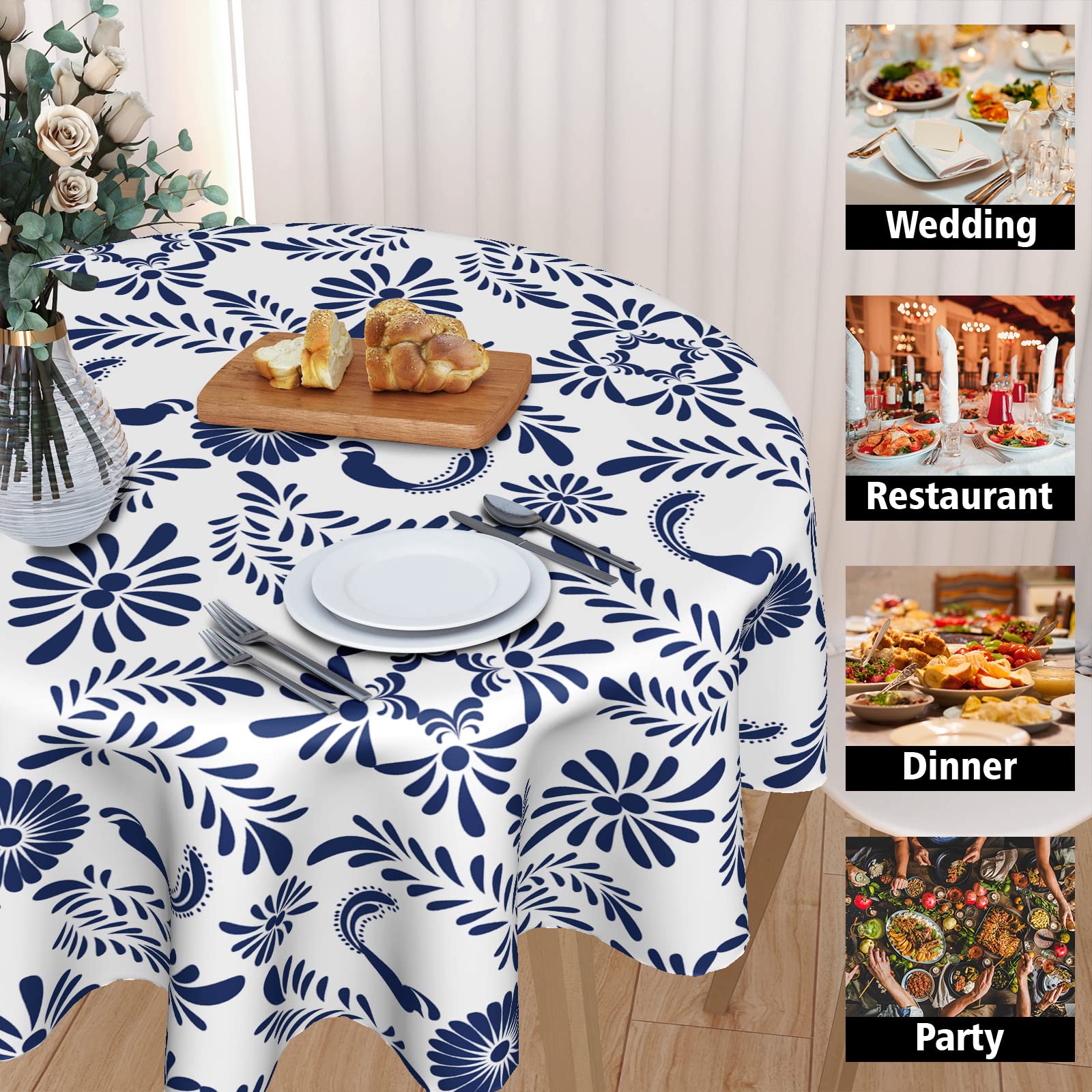 Cafl Round Tablecloth Blue And White Porcelain Floral Mexican Talavera Table Cloths Waterproof For Party Dining Holiday Banquet