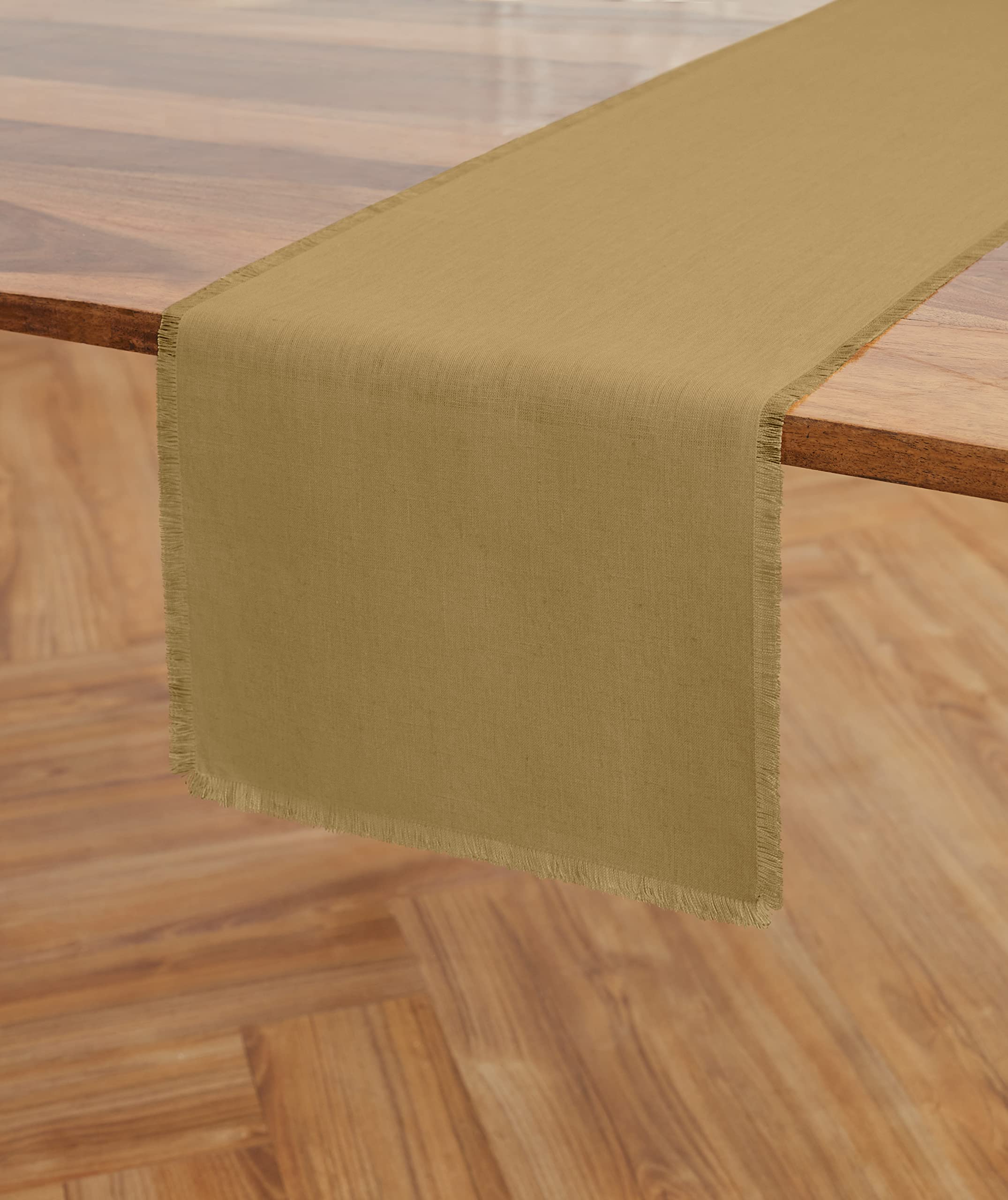 Solino Home Linen Table Runner 14 X 108 Inches - 100% Pure Linen Camel Table Runner For Spring, Summer, Dining, Wedding - Fringe
