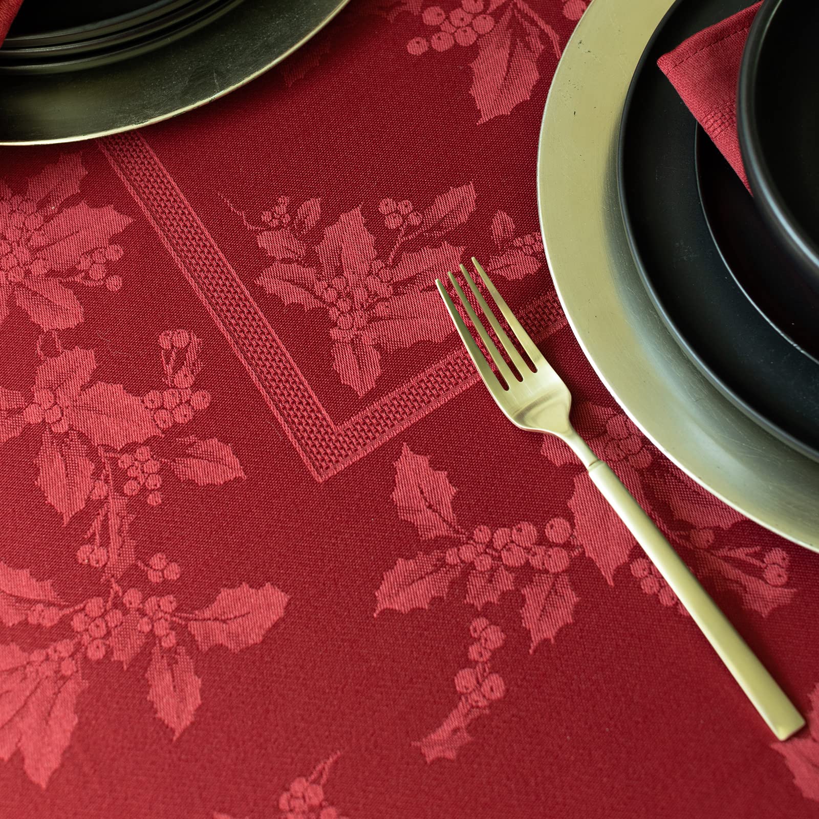 Benson Mills Holiday Elegance Heavyweight Engineered Jacquard Fabric Table Cloth  Holiday  Winter  and Christmas Tablecloth (Dark Red  60'' X 144'' Rectangular)