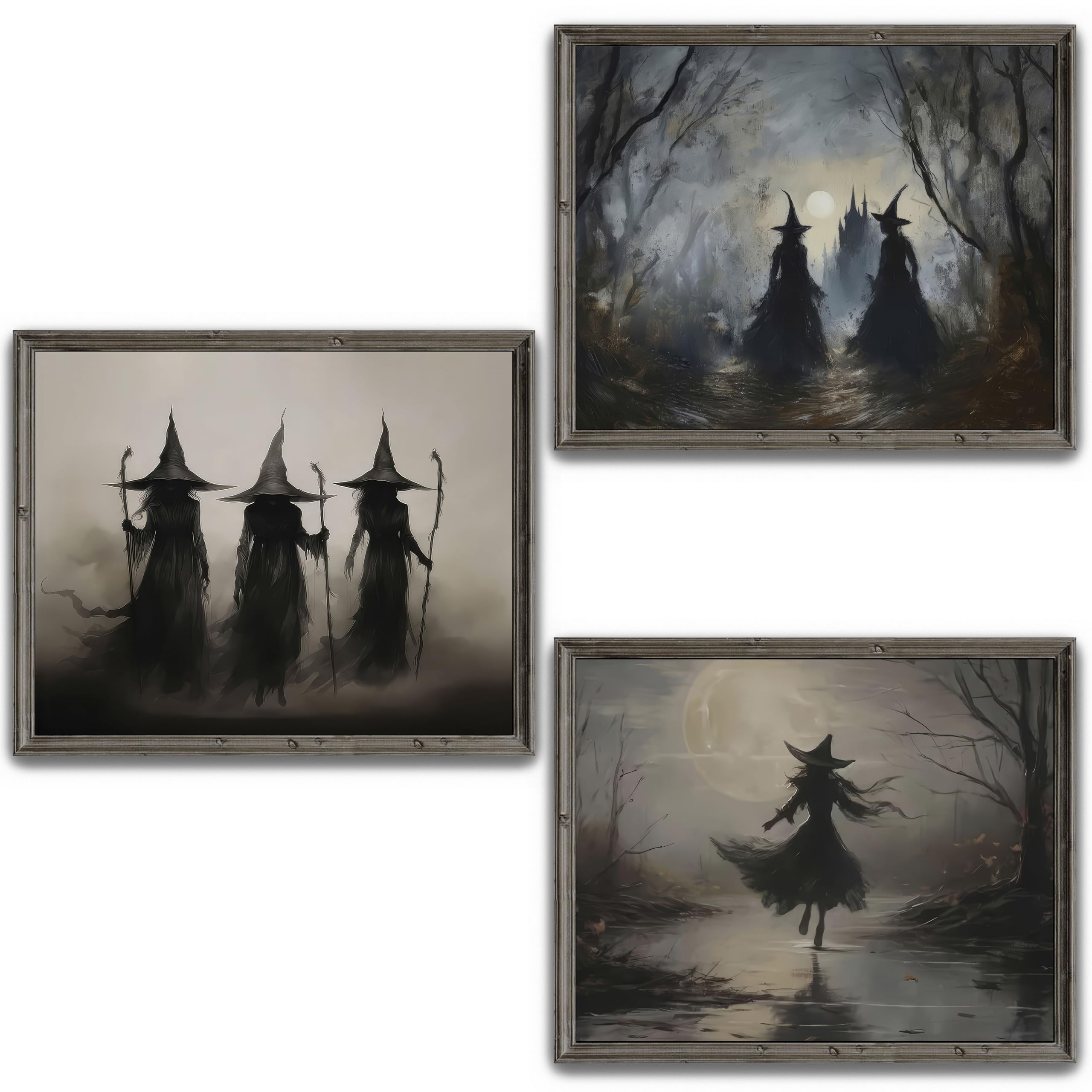 Lanchi95 3 Pcs 8X10In Vintage Rustic Witch Posters Halloween Wall Art Witch In The Forest Painting Prints Goth Dark Moody Wall D