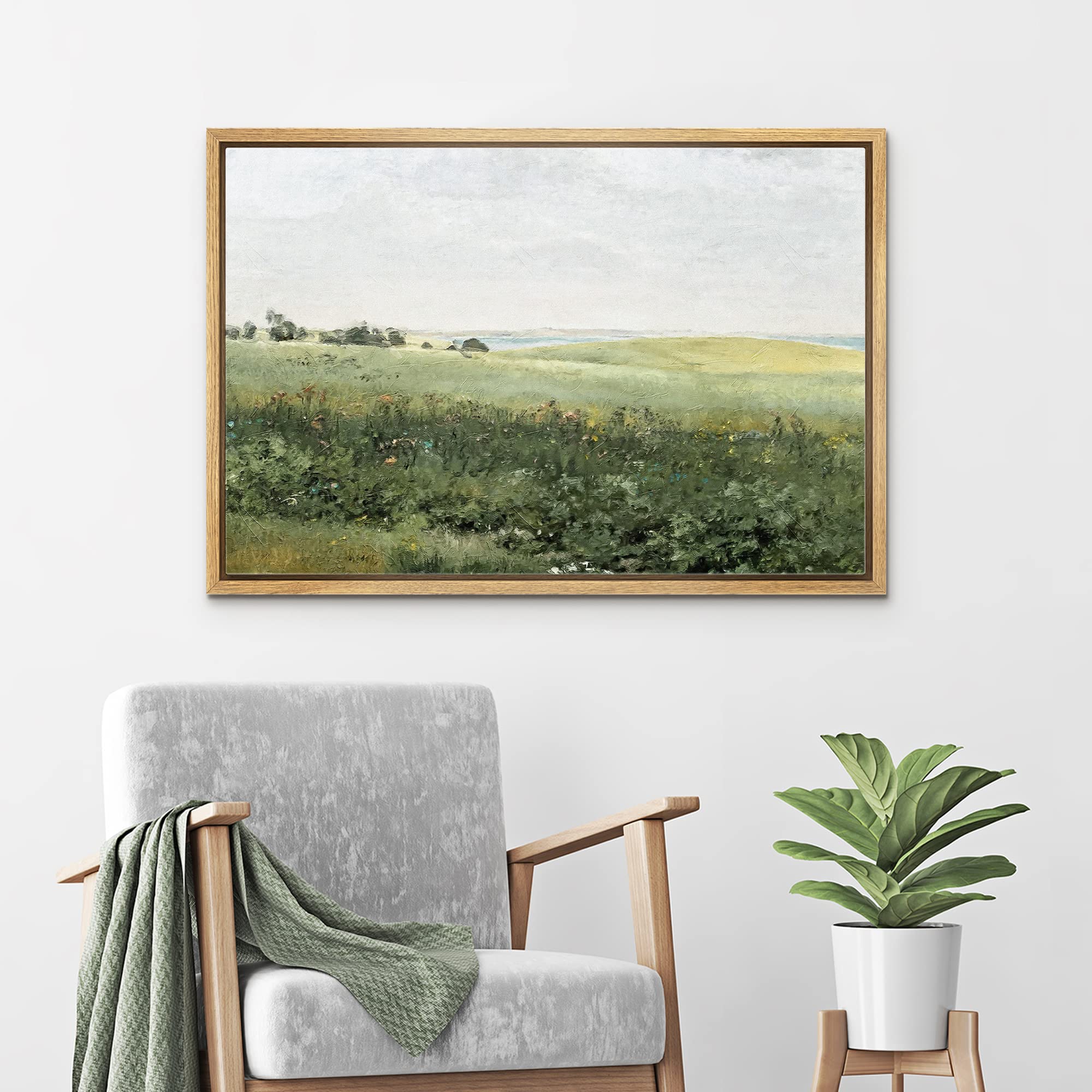Wall26 Framed Canvas Print Wall Art Green Meadow Hillside With Plants And Flowers Nature Wilderness Illustrations Modern Rustic