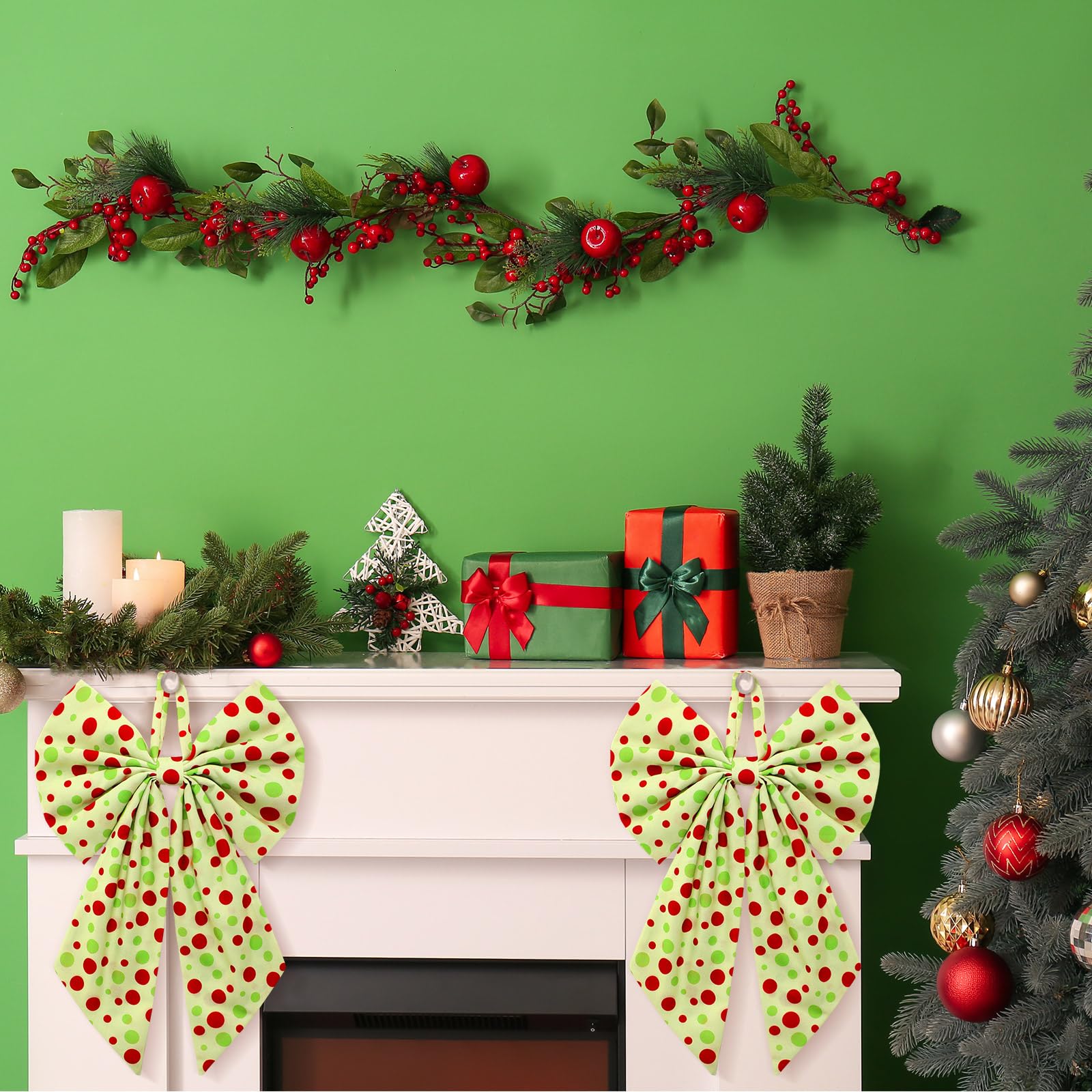 Suncalla 2 Pcs Red Green Dots Christmas Wreath Bow Front Door Hanger 19.6'' x 11.8'' Cute Christmas Tree Dot Bow Wreath Accessor