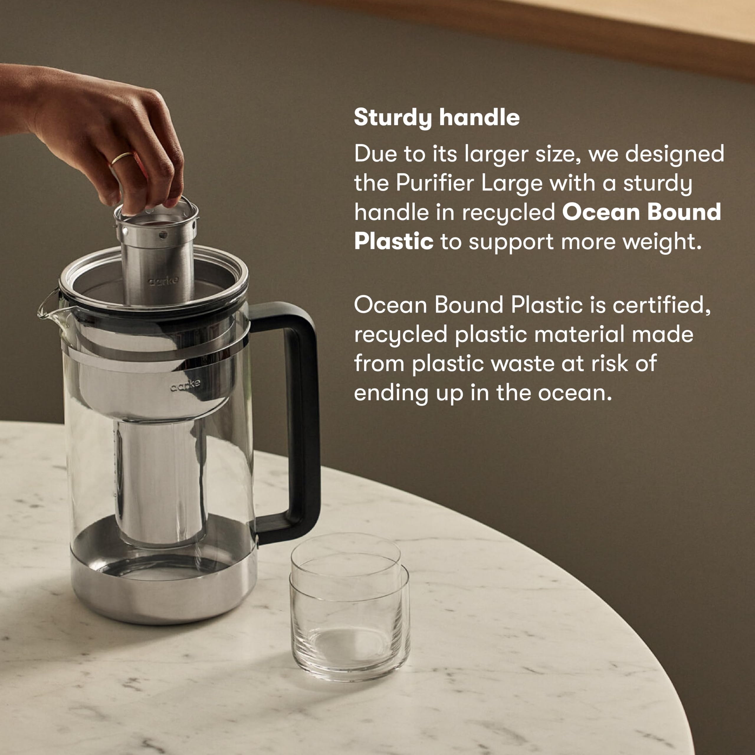 Aarke Purifier Glass Water Pitcher, Refilable Stainless Steel Filter, 8-Weeks Performance, Bpa-Free, Dishwasher Safe, Pure & Enr