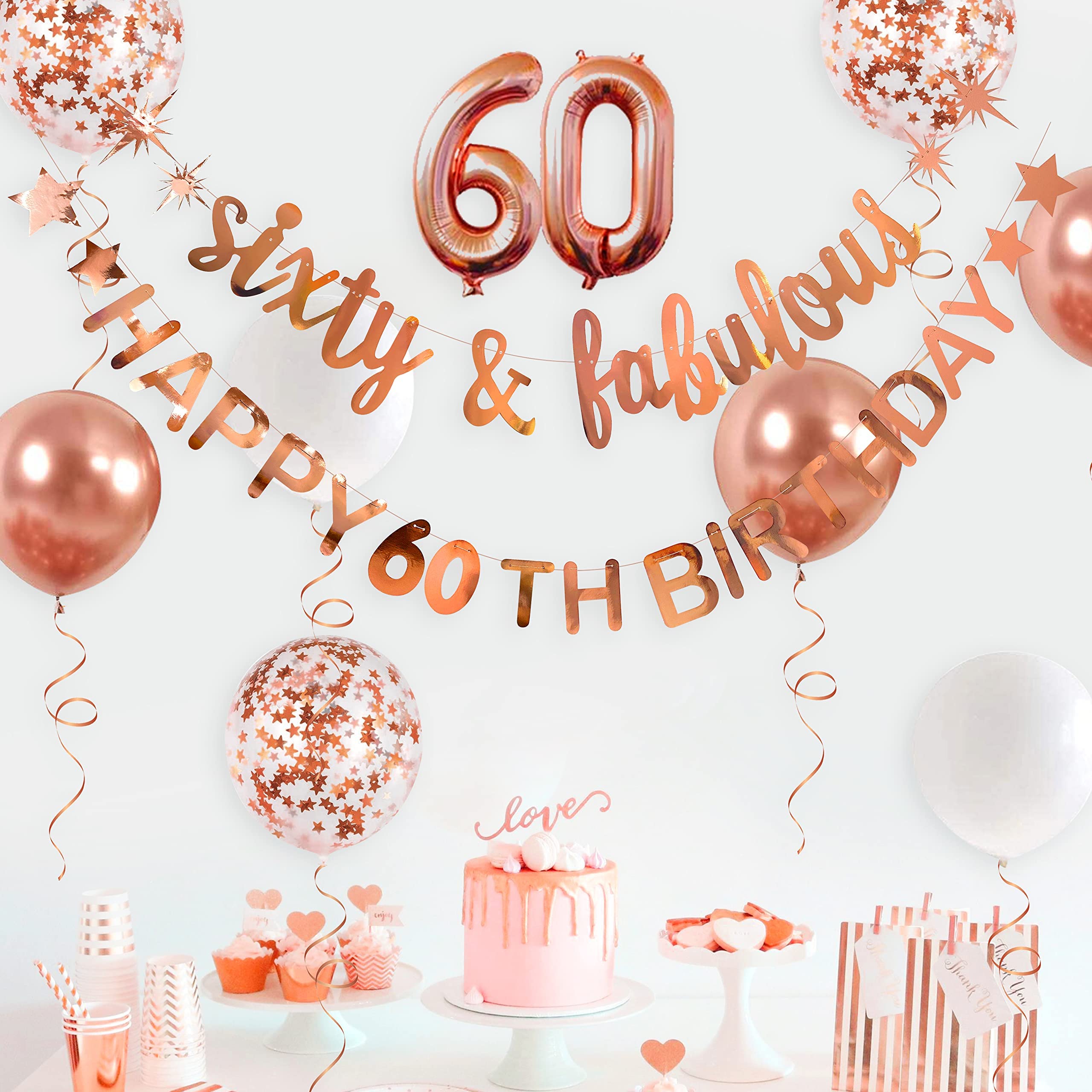 Rose Gold Sixty & Fabulous Happy 60Th Birthday Banner Garland Foil Balloon 60 For Womens 60Th Birthday Decorations Hanging 60 An
