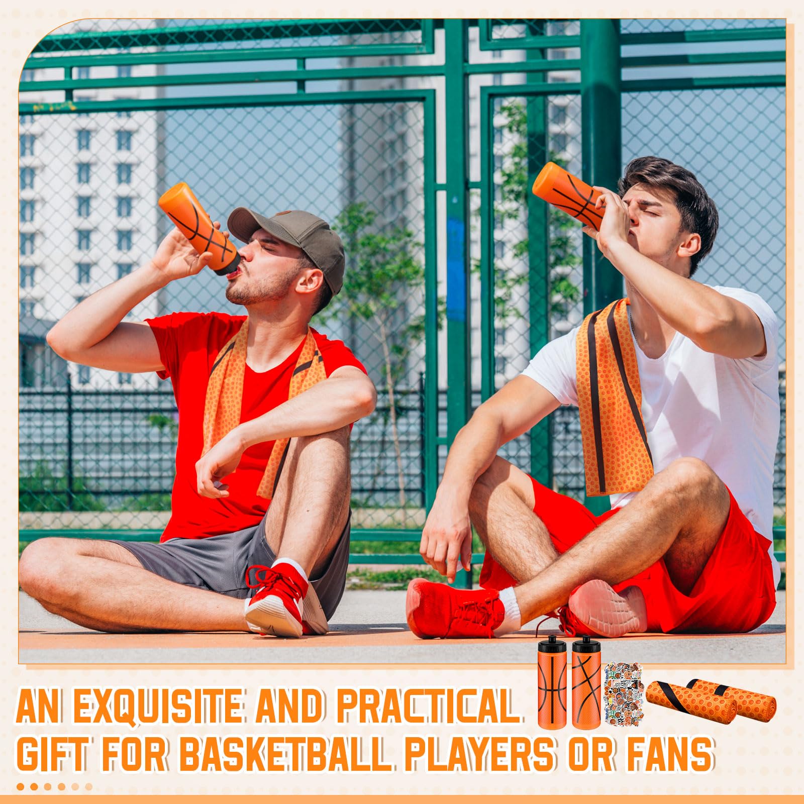 FuWeave 12 Pcs Basketball Water Bottle Basketball Cooling Towel Set with 50 Sticker Sports Party Favors Include 6 Reusable Sport